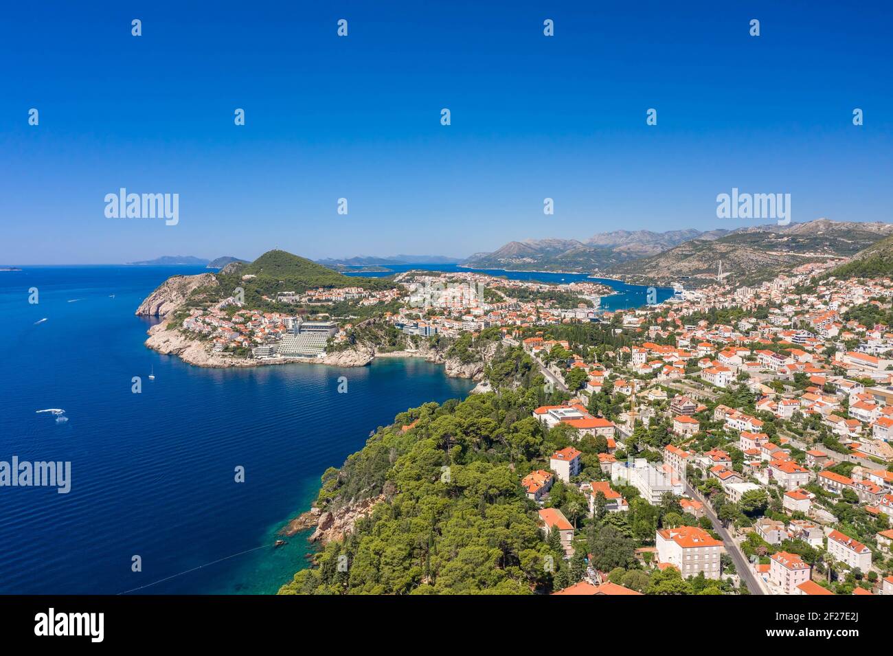 Aerial Drone Shot Of Dubronik West New Town Near Lapad Peninsula In Croatia Summer Noon Stock