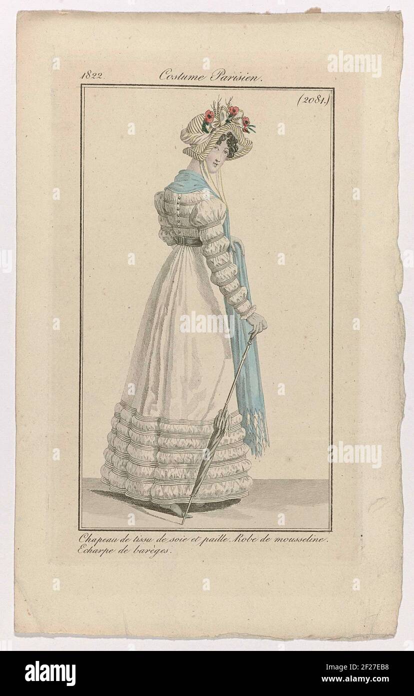 Journal des Dames et des Modes, Costume Parisien, 15 juillet 1822, (2081):  Chapeau de tissu de soi (...).Woman seen on the back, with a hat of silk  and straw on the head.