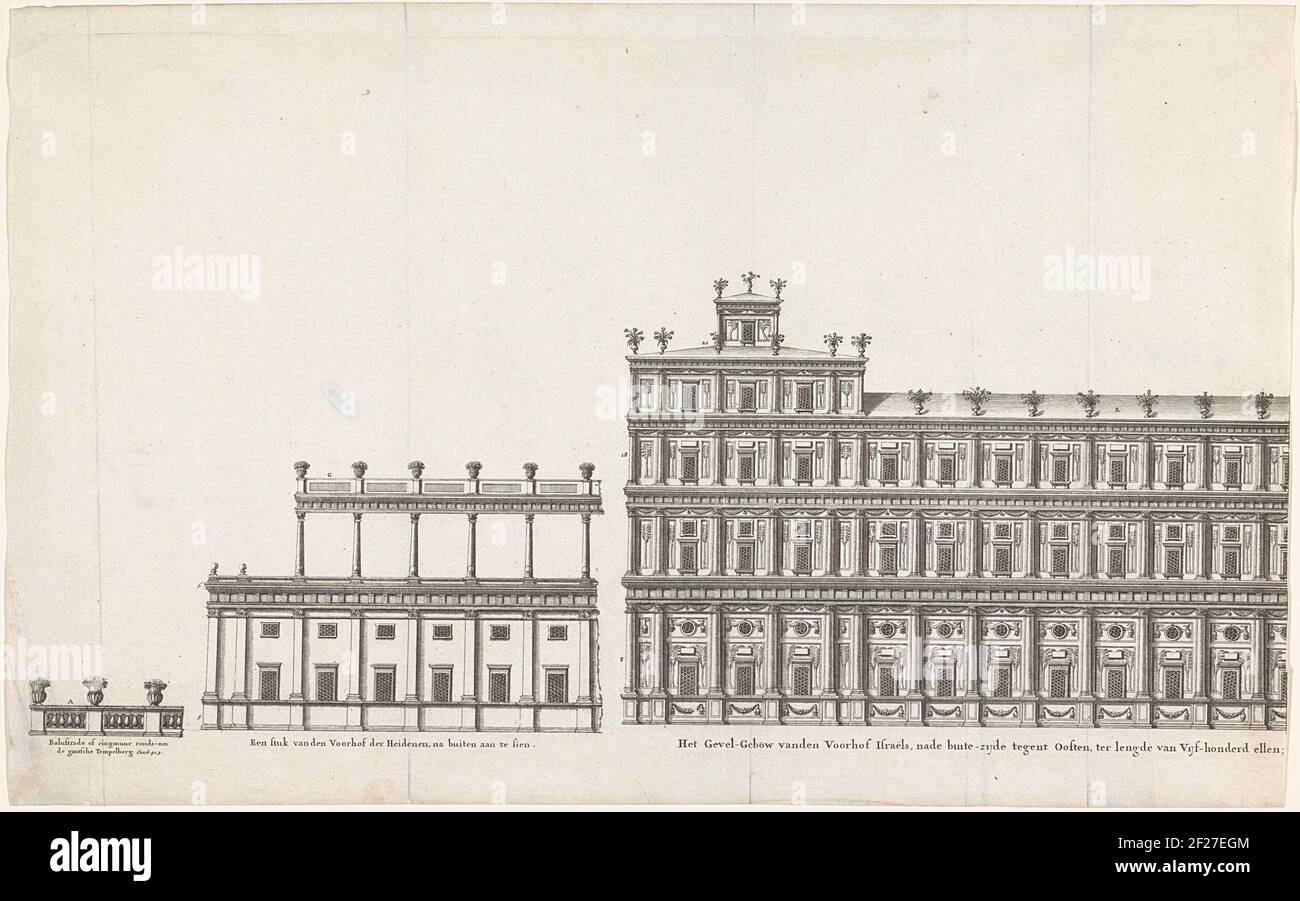 Facade of the new temple (left); The Facade-Bow Vanden Voorhof Israel, Nade External Silk Tegent East, (...) .. The Left Part of the facade or the New Temple in Jerusalem, As It Would look Like According to Juan Bautista Villalpando in His Book Ezekielem Explanations , 1596. Villalpando relied on the visions of Ezekiel About the New Temple in the Bible Book Ezekiel. On The Left a Balustrade and the facade of the court of the gentiles. Stock Photo
