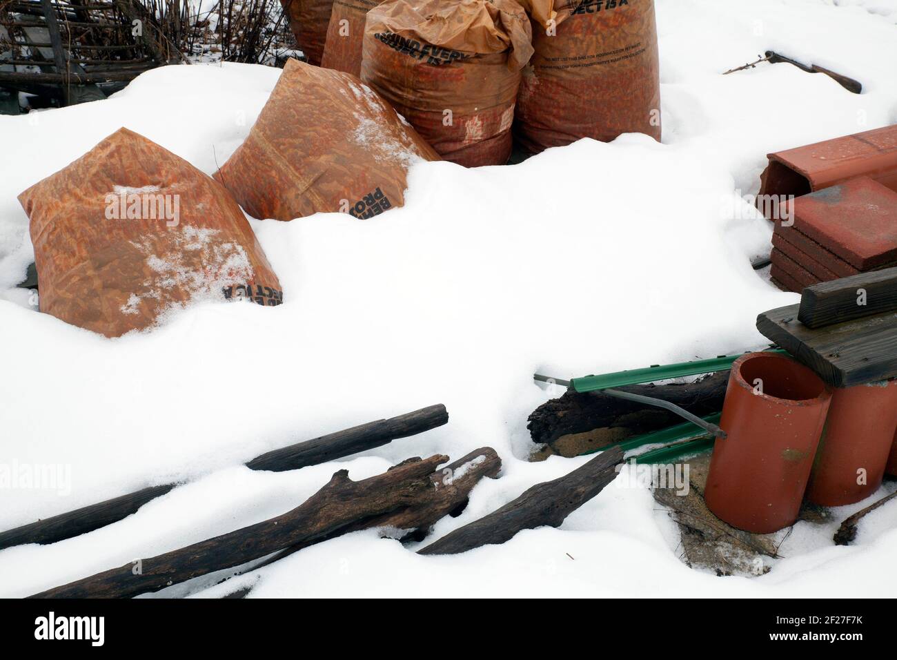 New England community garden in the winter. Stock Photo