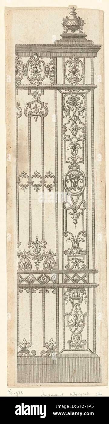 Gate with corner pilcher; Designs for gates and handrails of wrought iron.the Gate Contains a Medallion with a Monogram: Ma (Possibly Marie-Anne, Princess or Conti). Fragment of Leaf 1 from Series or 5 sheets. Second Edition. Stock Photo