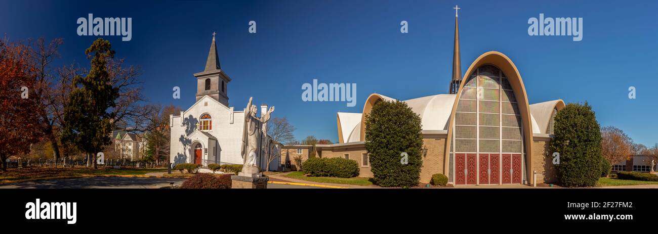 Rockville, Maryland, USA 11-16-2020: Saint Mary's Catholic church complex is the oldest surviving church in Rockville. Panoramic image shows historic Stock Photo