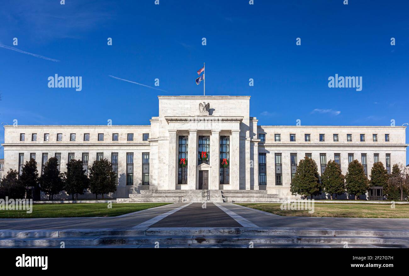 Washington DC, USA, 11-29-2020: Panoramic view of the Marriner S. Eccles Federal Reserve Board Building (Eccles Building) that houses main offices of Stock Photo
