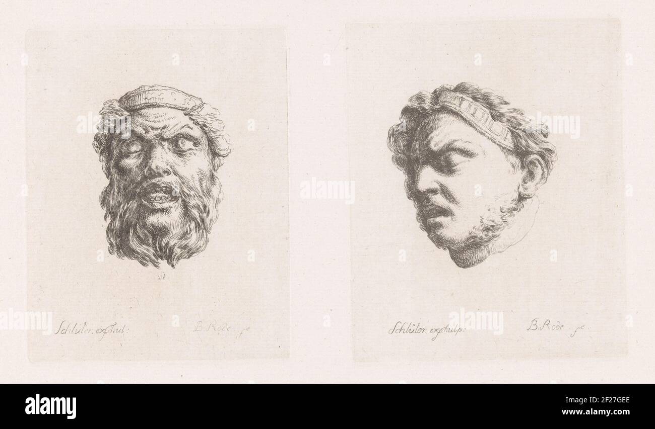 Twee gestorven krijgers met haarband; Mascarons en helmen.Two mascaroons on a leaf. On the left a man with beard, open mouth and hair band, seen from the front. On the right a man with hair band, turned to the left. Stock Photo