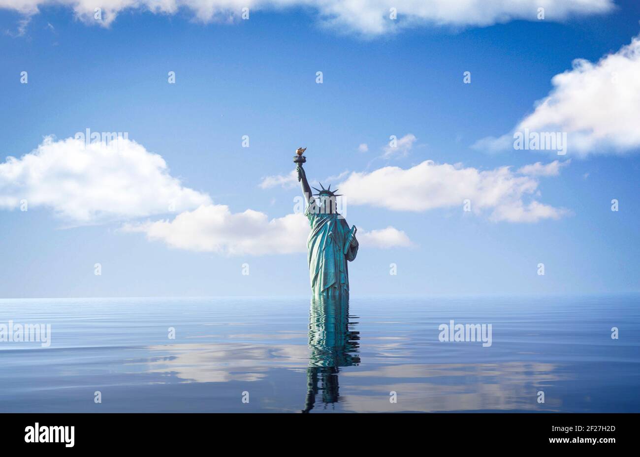 Statue of Liberty in New York city, futuristic digital illustration flood in New York rise in sea levels due to climate change global warming concept Stock Photo