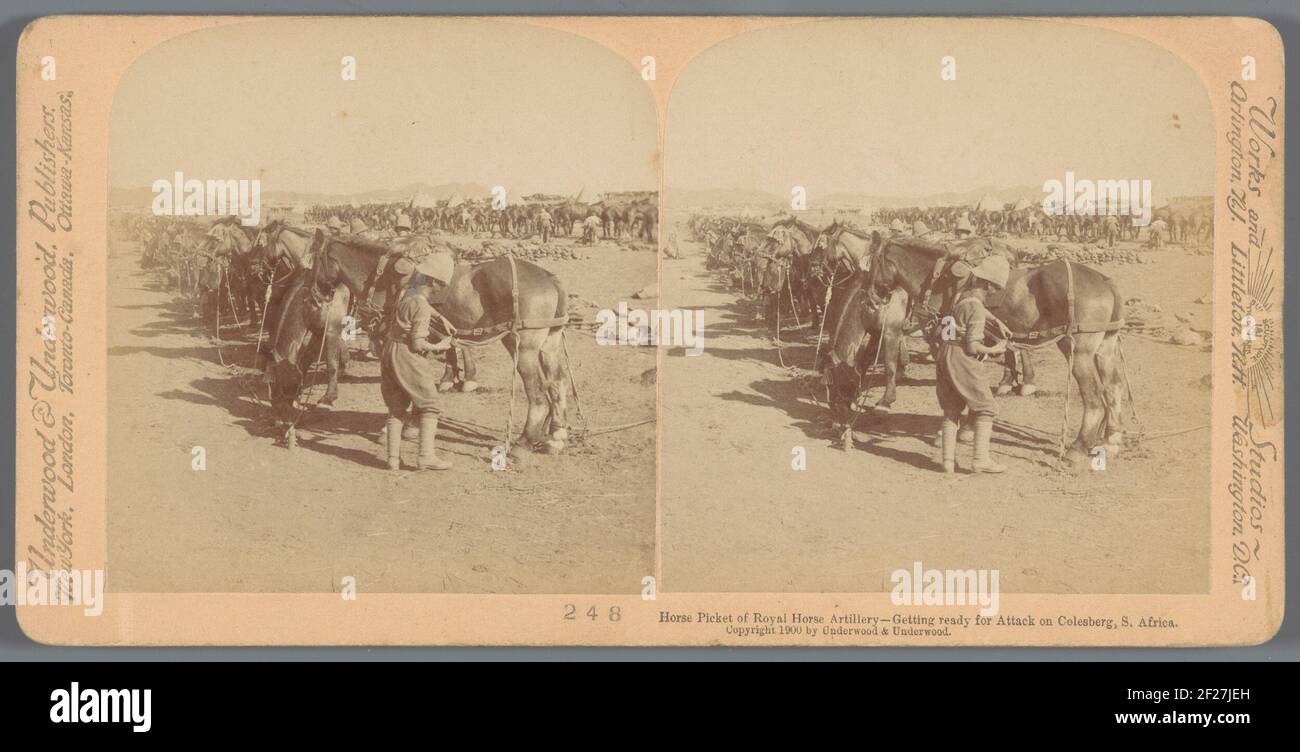 Staged representation of British soldiers who prepare for the battle in South Africa; Horse Picket of Royal Horse Artillery - Getting Ready for Attack on Colesberg, S. Africa .. Stock Photo