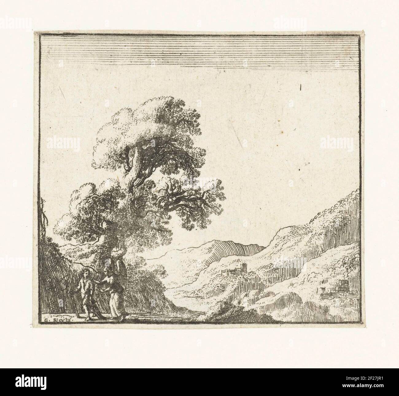 Landschap met Tobias en de engel.A mountainous landscape in which a boy (Tobias) and an angel walk. Stock Photo