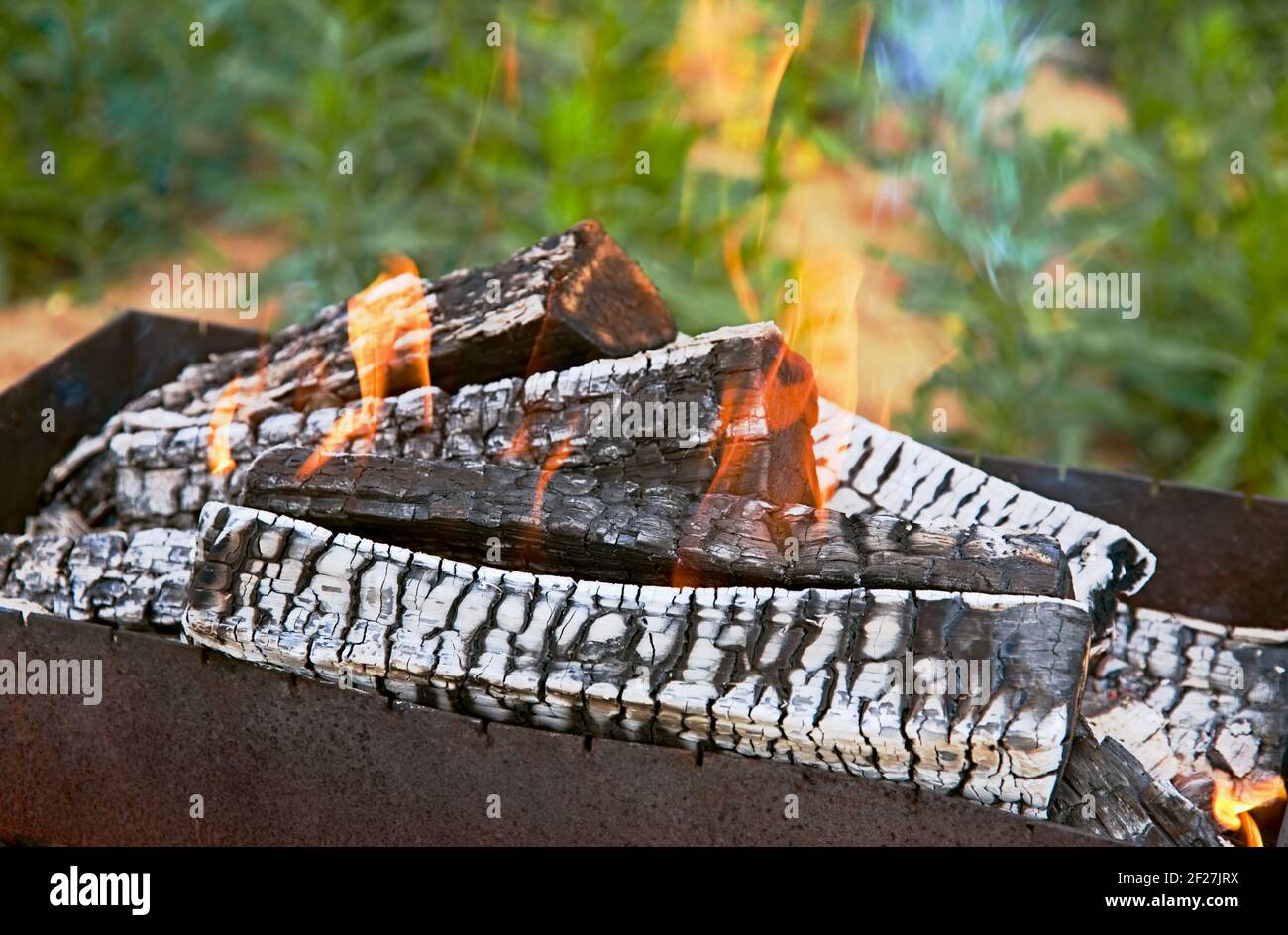 Fire on coals in a mangal before preparation of a shish kebab Stock Photo
