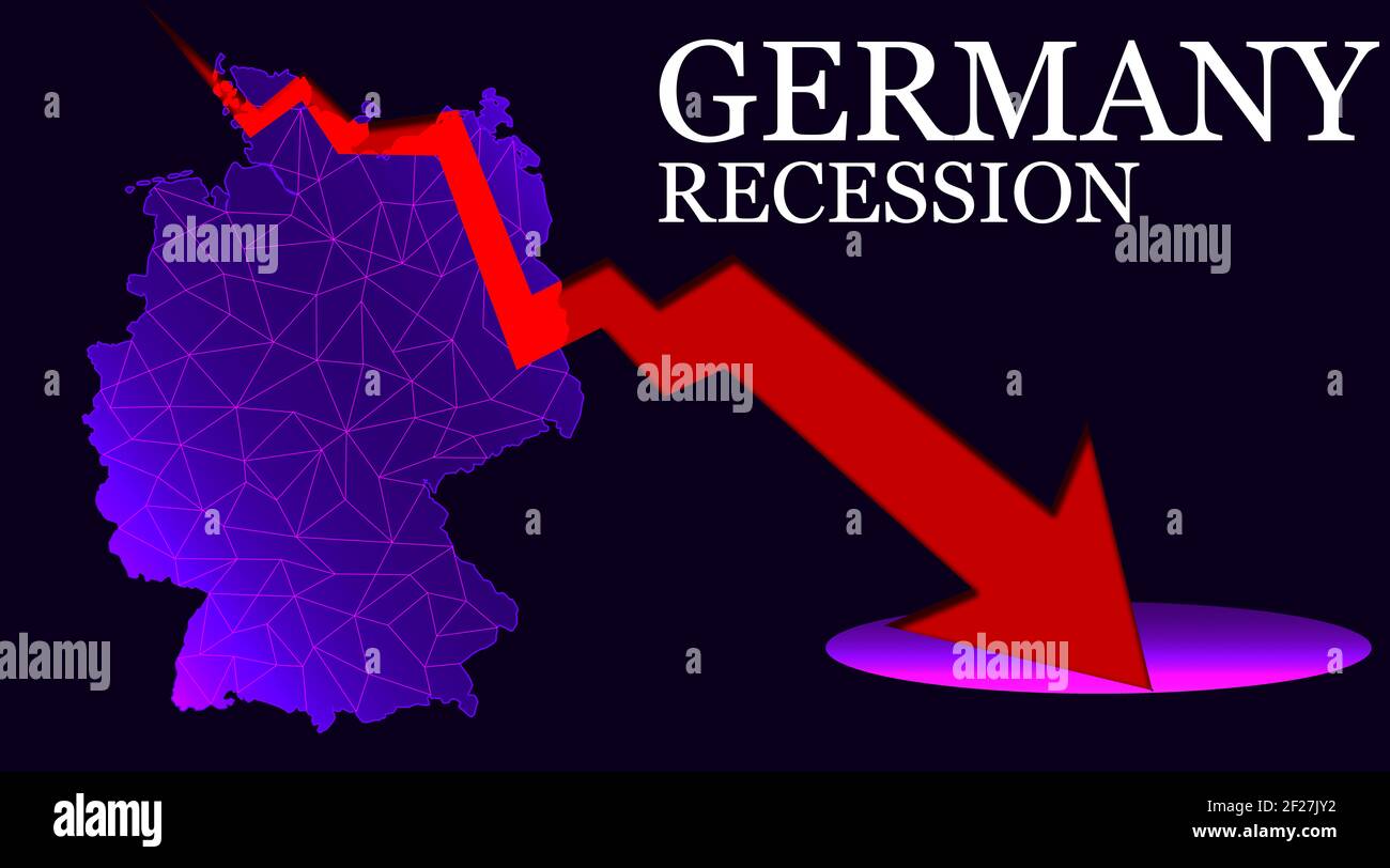 A 3d rendering of Germany map with arrow indicating recession Stock
