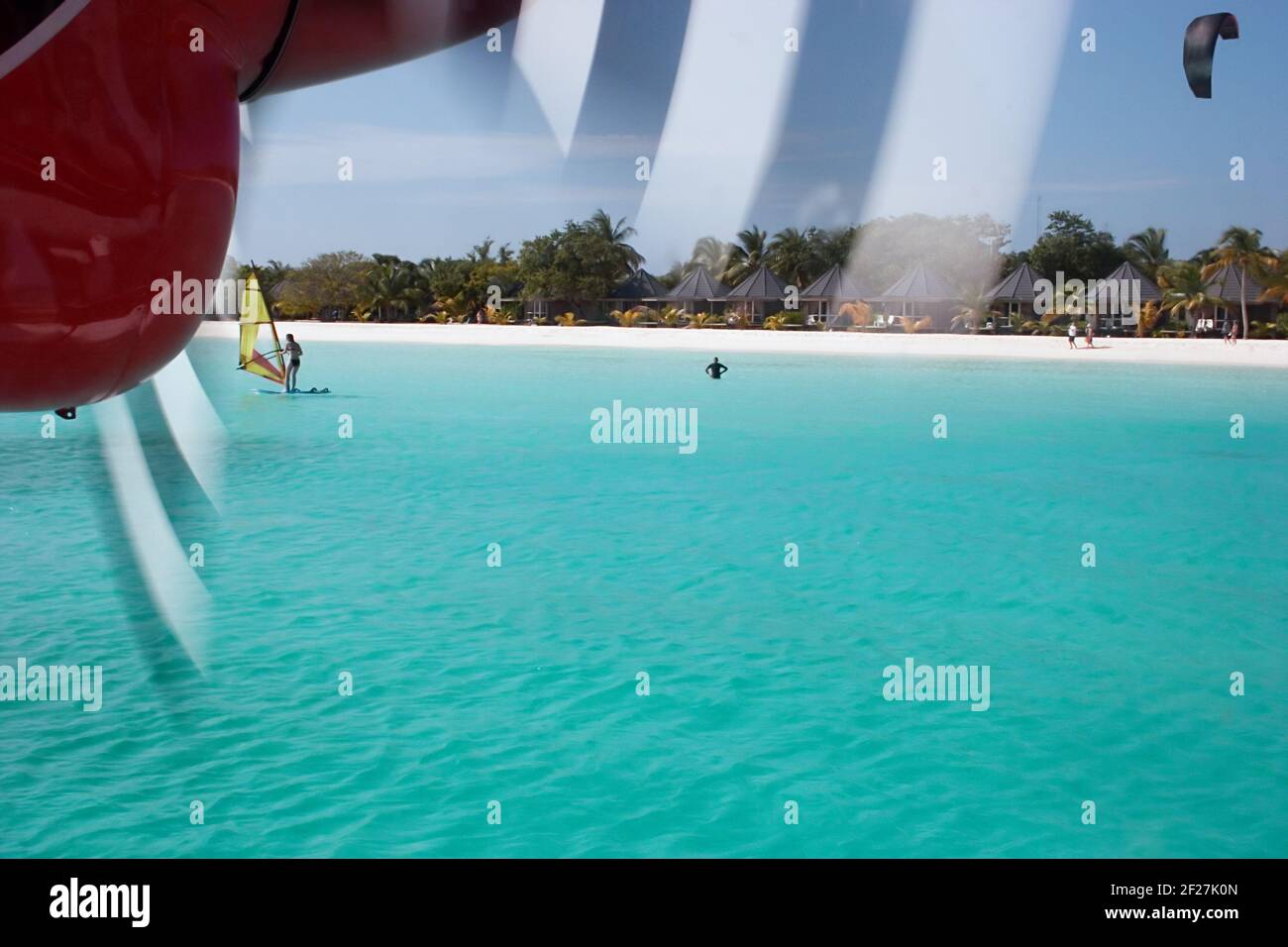 Arrival on island on equator. Kind from a window of the plane of a taxi Stock Photo