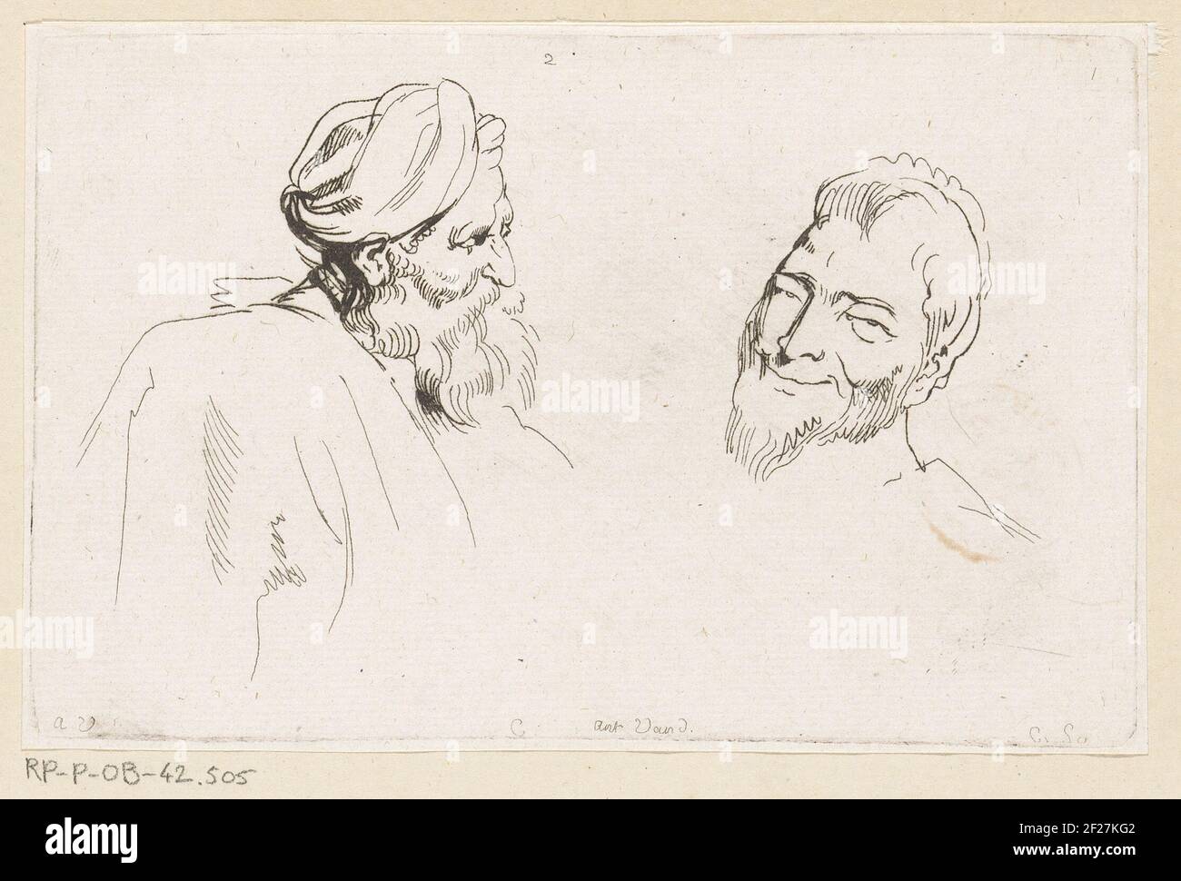 Twee hoofden van mannen met baard; Recueil de Testes d'Antoine Van Dyck (...).An older man on the left, and profil displayed, wears a turban and is turned to the right, the younger rightman smiles and has turned left. Numbered from left to right: 2; 1. Stock Photo
