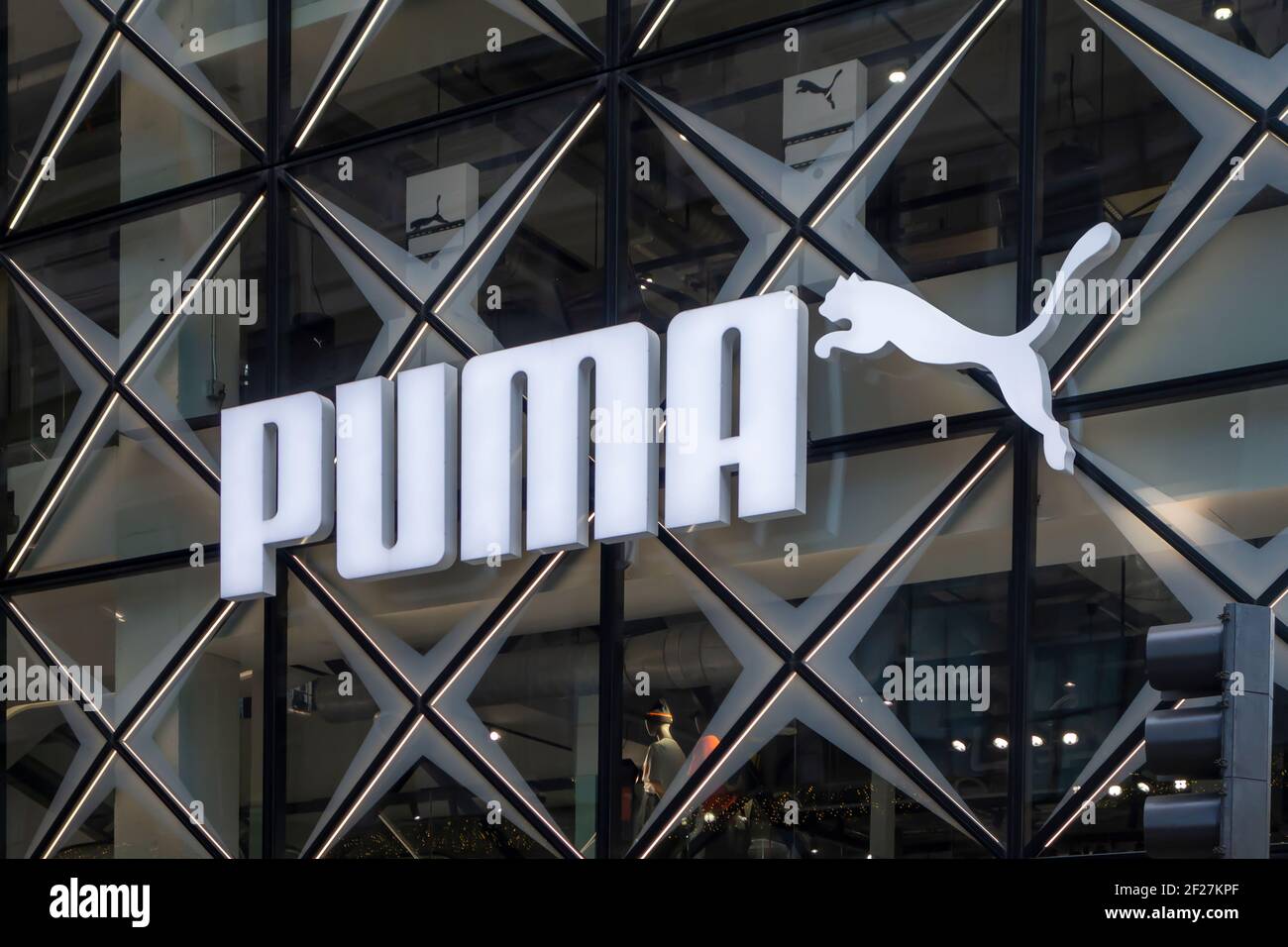Manhattan, New York City, USA 11-26-2020, Puma logotype and jumping puma cat Flagship Store on Fifth Avenue Stock Photo