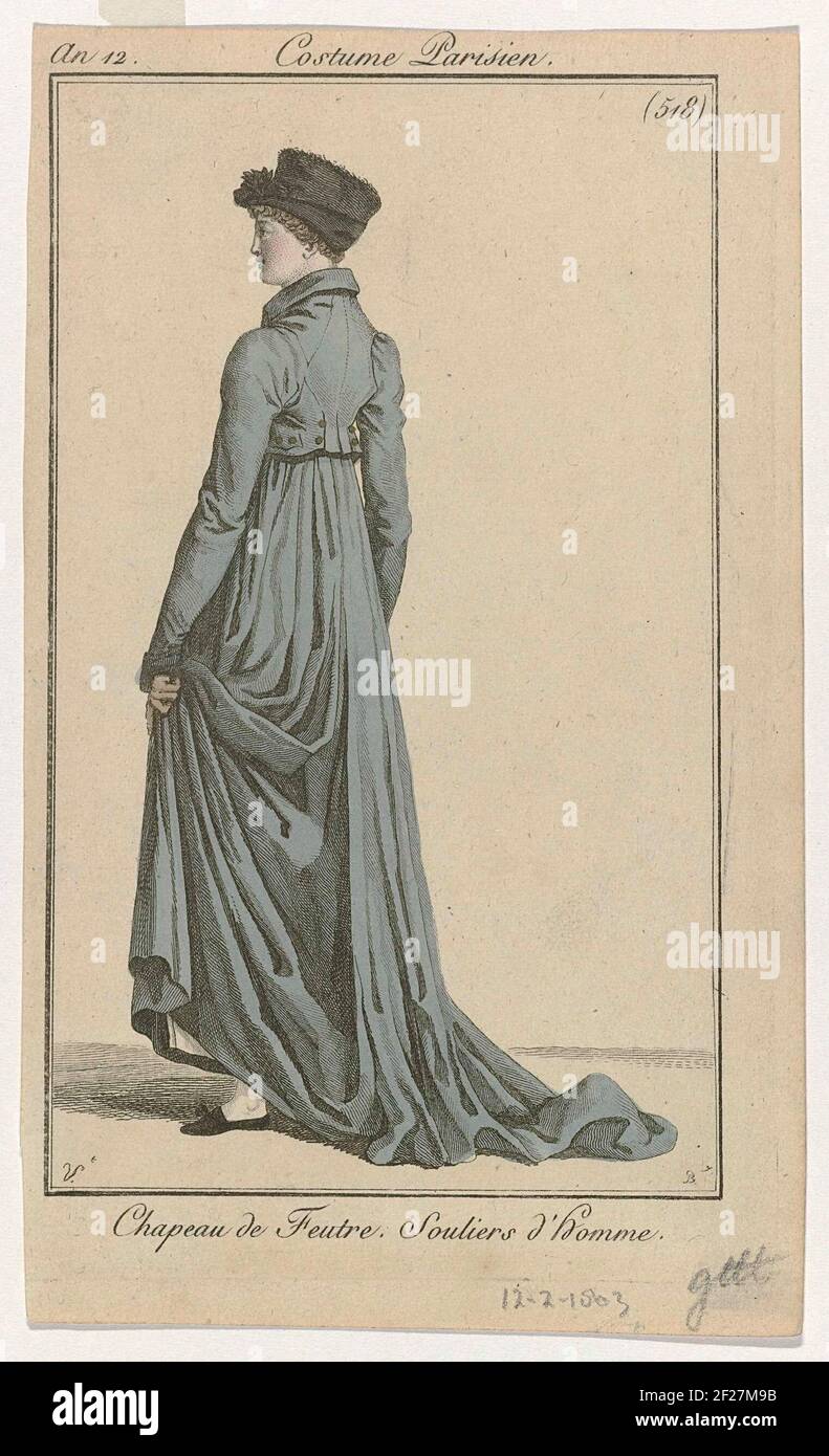 Journal des Dames et des Modes, Costume Parisien, 12 décembre 1803, An 12,  (518): Chapeau de Feutr (...).Woman seen on the back with a hat of felt.  Men's shoes at the feet.