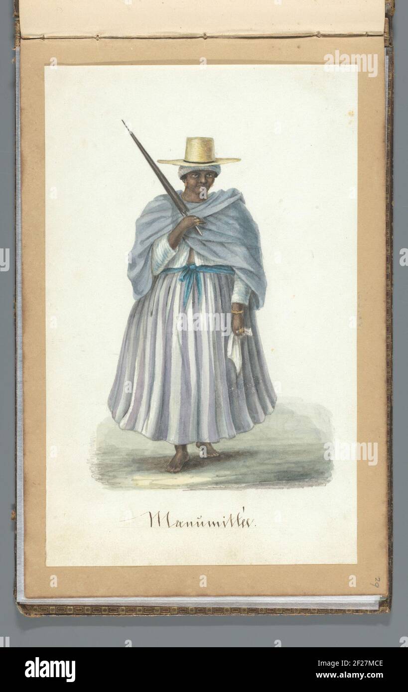 Vrijgemaakte slavin; "Manumittée"; Album met tekeningen van Suriname, p.29  (50).Surinamese woman dressed in light blue skirt, white blouse and light  blue shawl. She is wearing a hat of straw. In her left