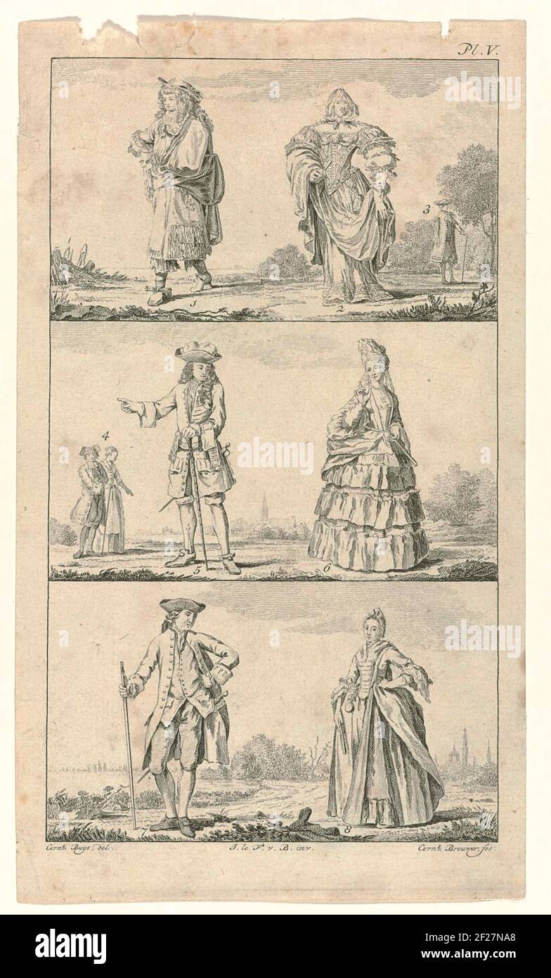 Acht figuren met Hollandse kleding uit de 17de en 18de eeuw.Eight figures with Dutch clothing from the 17th and 18th centuries, divided into three frameworks. The print is part of the book: Natural history of Holland, published in seven parts by Johannes Le Francq van Berkhey (1729-1812) between 1769 and 1778. The first two figures are derived from the series of figures à la mode of Romeyn de Hooghe. Stock Photo