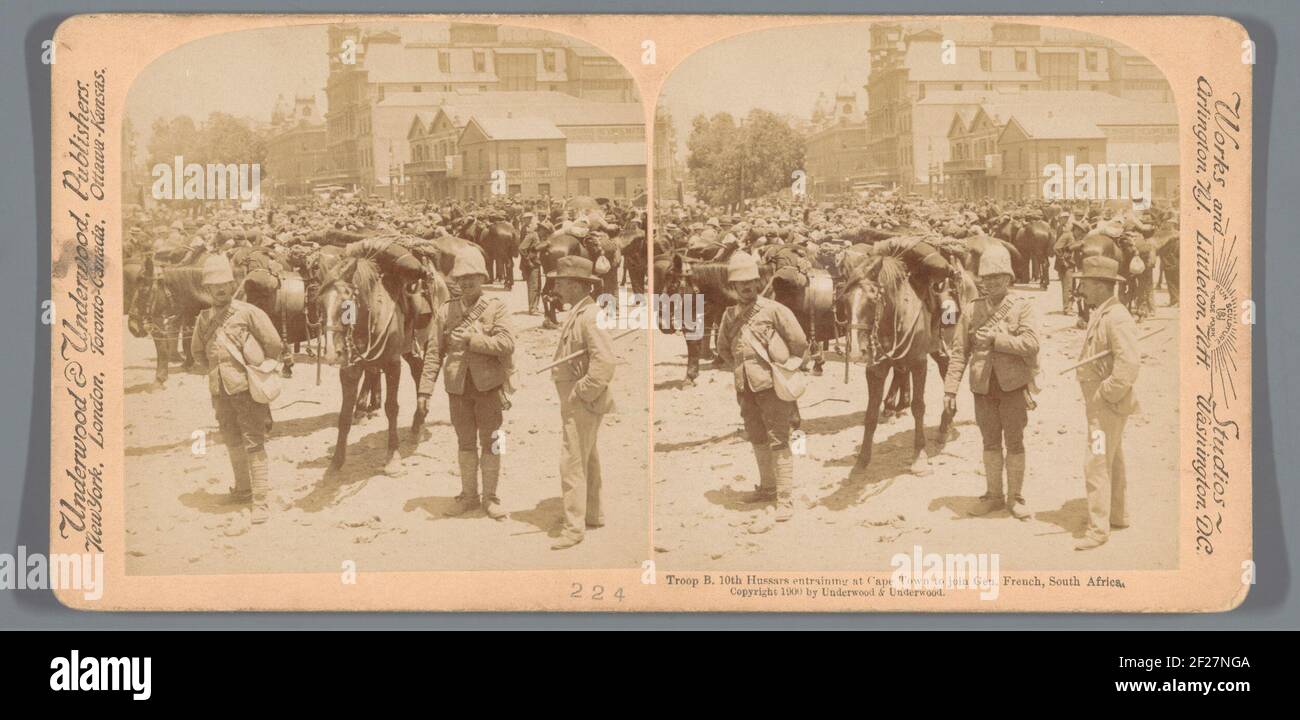 Screened representation of British soldiers of the 10th Royal Hussars collected in Cape Town before they go to the front; Troop B, 10th Hussars ENTRaining at Cape Town to Join Gen. French, South Africa .. Stock Photo