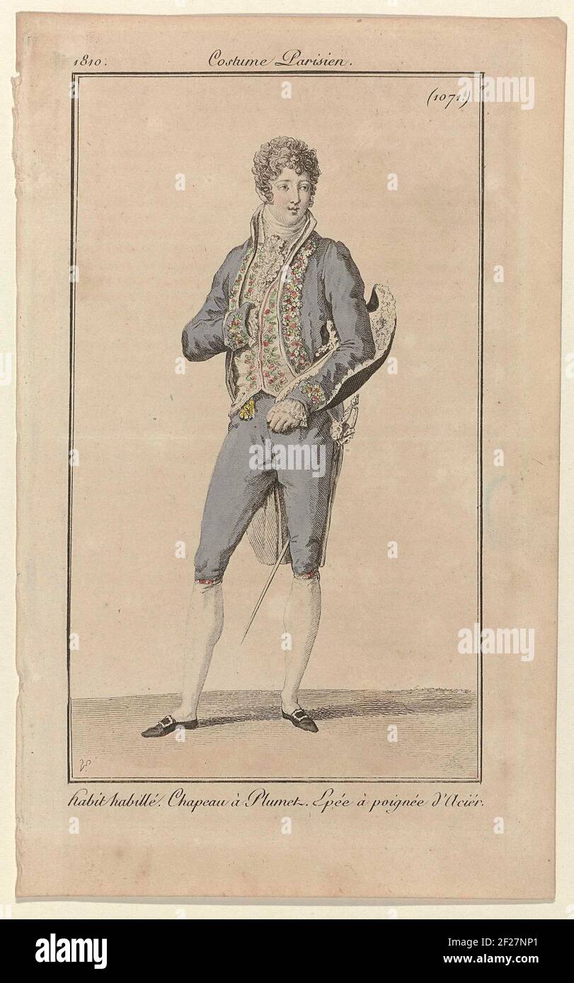 Journal des Dames et des Modes, Costume Parisien, 5 juillet 1810, (1071):  Habit habillé (...).Standing man dressed in a 'Habit Habillé', consisting  of a habit à la Françause with very high collar,