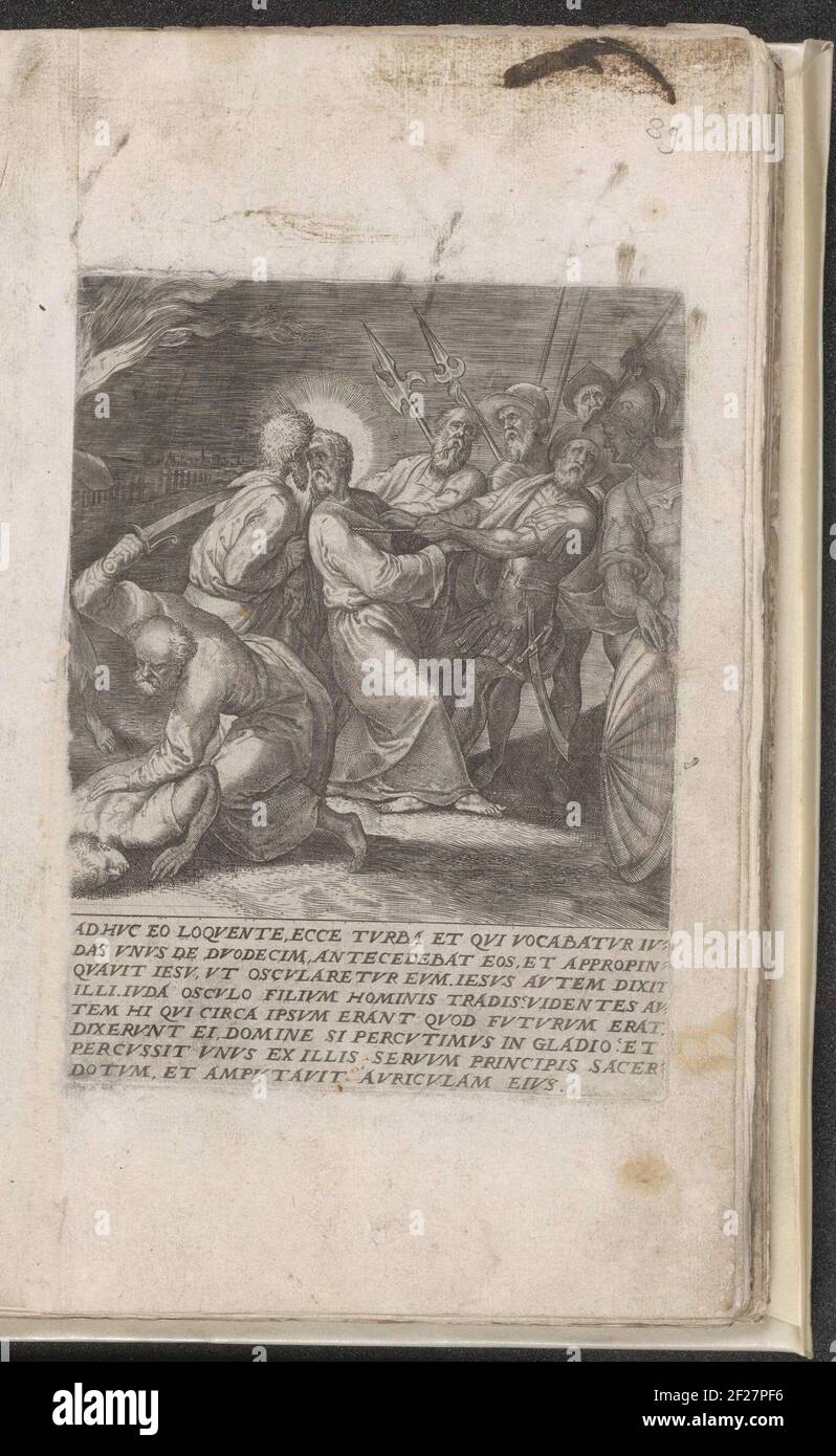 Judaskus en arrestatie van Christus; Passie van Christus; Mnimata Dominicae Passionis Historiam Necisque Nostrae Mortem Complexa.Judas coast Christ on the cheek. The soldiers take Christ caught and pull him. Petrus is about to chop the ear of Malchus. Under the show a eighty text in Latin. This print is part of an album. Stock Photo