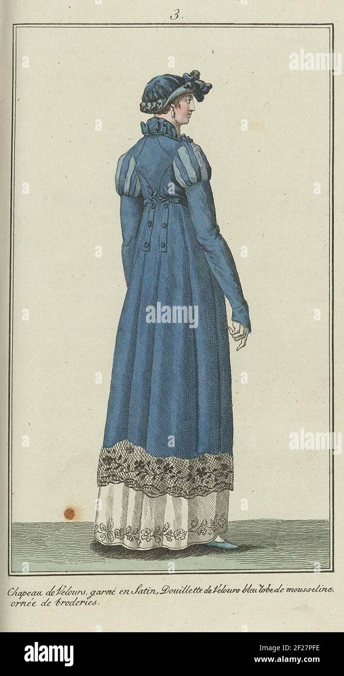 Elegantia, of tijdschrift van mode, luxe en smaak voor dames, Januari 1807, No. 3: Chapeau de Velours, garni en Satin....Next, the accompanying text (p. 32): corn blue velvet quilted Douillette (cloak) with a top-slanted collar, the sleeves 'à l'Espagnolle,' with silk between the stripes. To the medicine closed with a belt of the same fabric , From behind at the ends is a 'chou' in the form of five bay leaves. From below with a wide edge side deposited. Hat of the same dust as the mantle., Decorated with bows and a silk ribbon with seven 'Duffs' from behind. Jap of embroidered nettle cloth. Pr Stock Photo