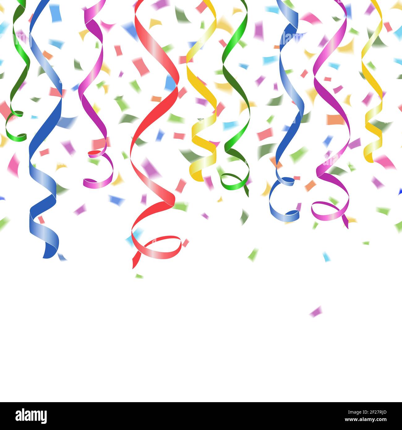 Colorful falling paper confetti and twirled party streamers on a white