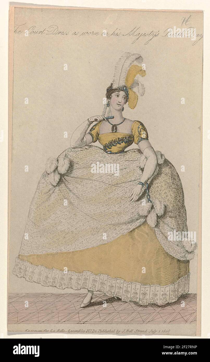 La Belle Assemblee, 1 july 1808, No. 32: The Court Dress (...).Hofjapon,  worn during the birthday of King George III (4 June 1738 - January 29,  1820). Accessories: diadem with ostrich, earrings,