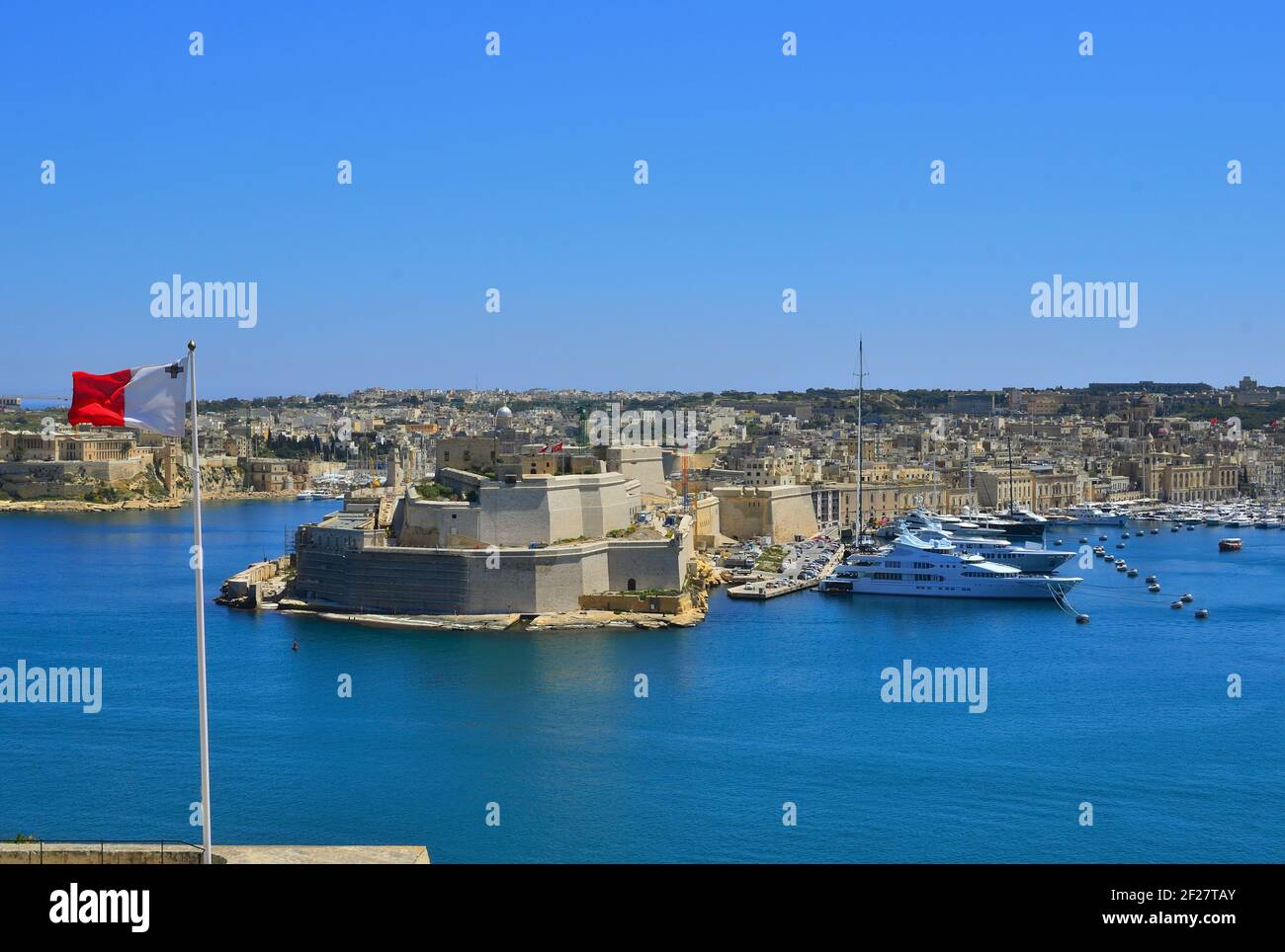View of Grand Harbour and Fort St Angelo in Valetta Malta Stock Photo