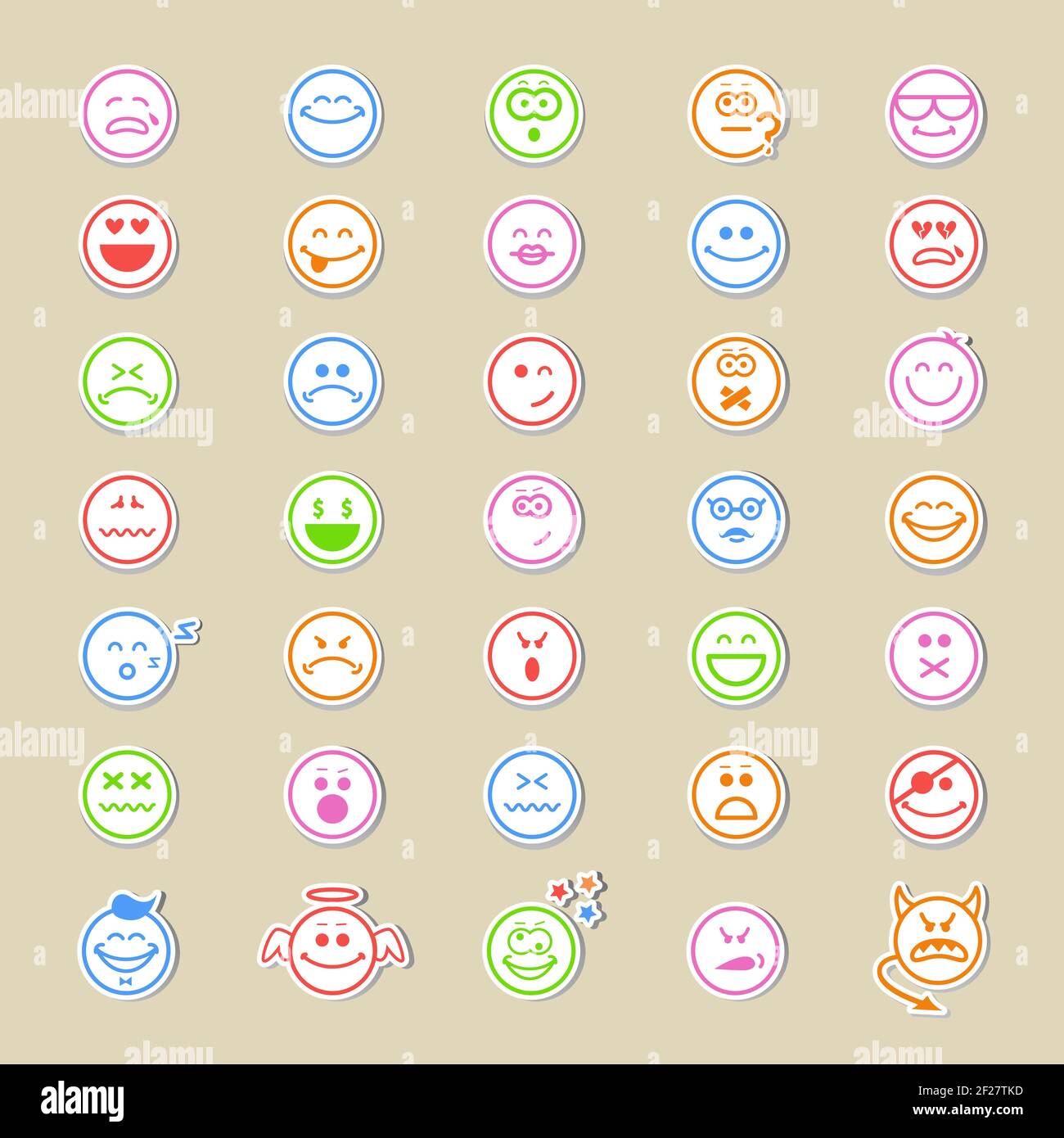 Large collection of round smiley icons or emoticons showing a wide variety of different expressions in thirty-five different vector designs Stock Vector