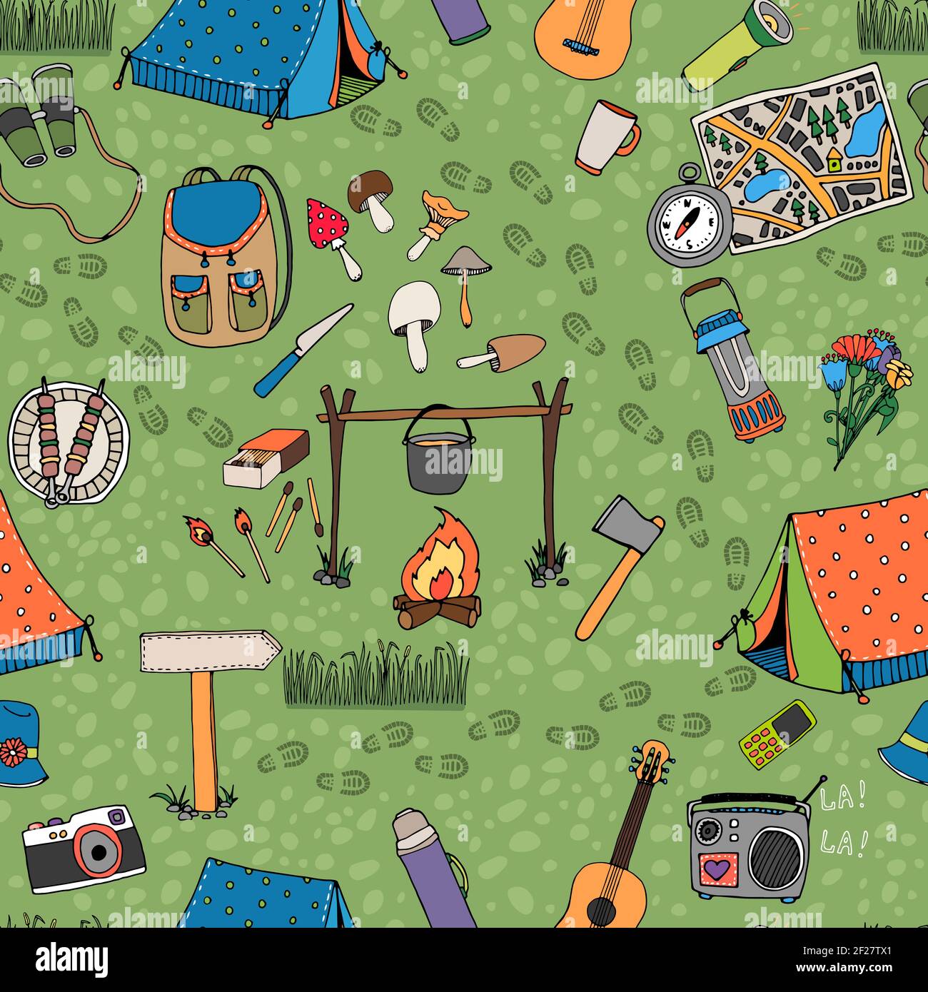 Seamless camping background vector pattern with tents  a campfire  radio  mushrooms  backpack  binoculars  map and guitar scattered on a green grass b Stock Vector