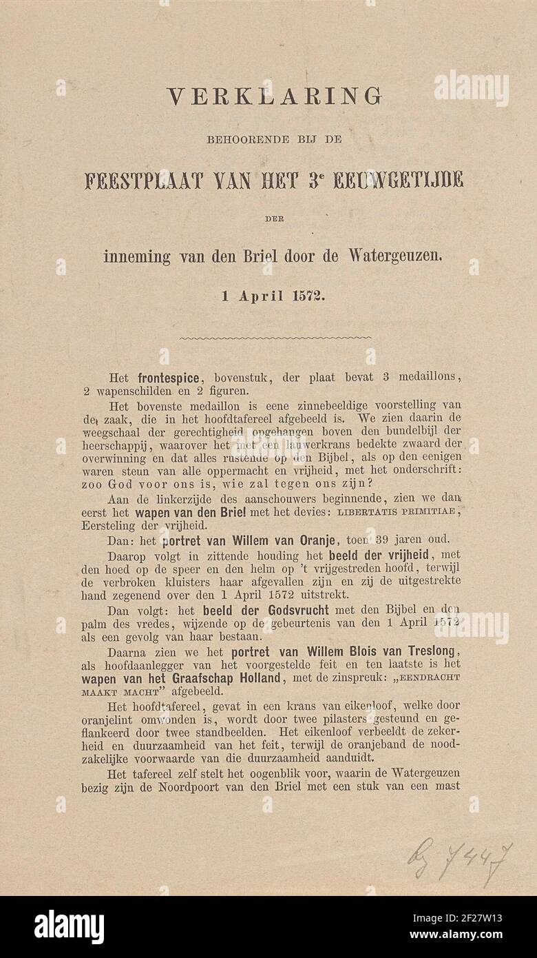 Declaration with the memorial plaque in the 300-year celebration of the inclusion of the Briel, 1572-1872; Declaration belonging to the party plate of the 3rd century of the intake of the Briel through the water giants. April 1, 1572.Statement Associated with the Memorial Plaque of the intake of the Briel on April 1, 1572 at the Celebration of 300 years of Dutch Freedom 1572-1872. Text Sheet Printed With Text on Both Sides. Stock Photo