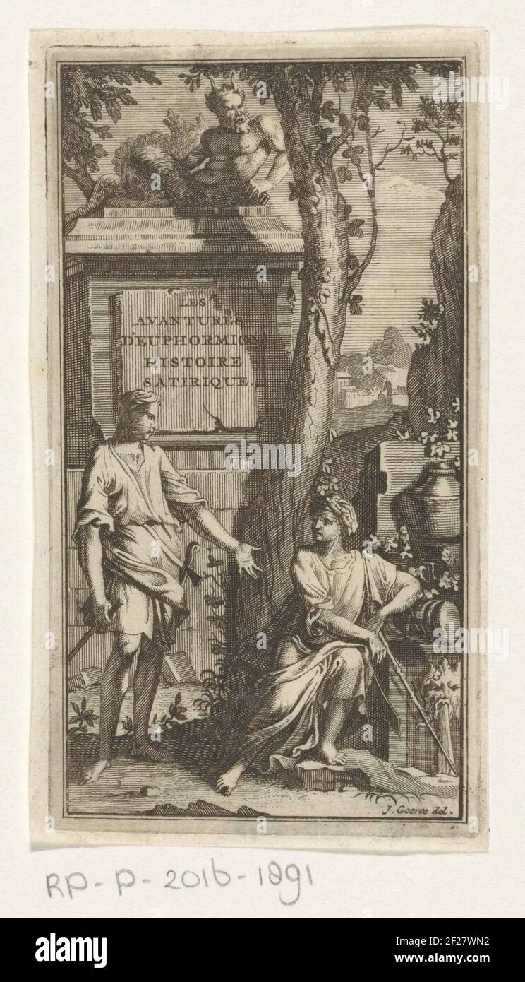 Young man in conversation with old woman; Title page for: Jean Baptiste Draouet de Maupertuy and John Barclay, Les Avantures d'Euphormion Histoire Satirique, 1711.A Young man is talking to an old woman. The Woman Leans on a Fountain. Behind Them and Pedestal with Title on Which a Sater is located. Stock Photo