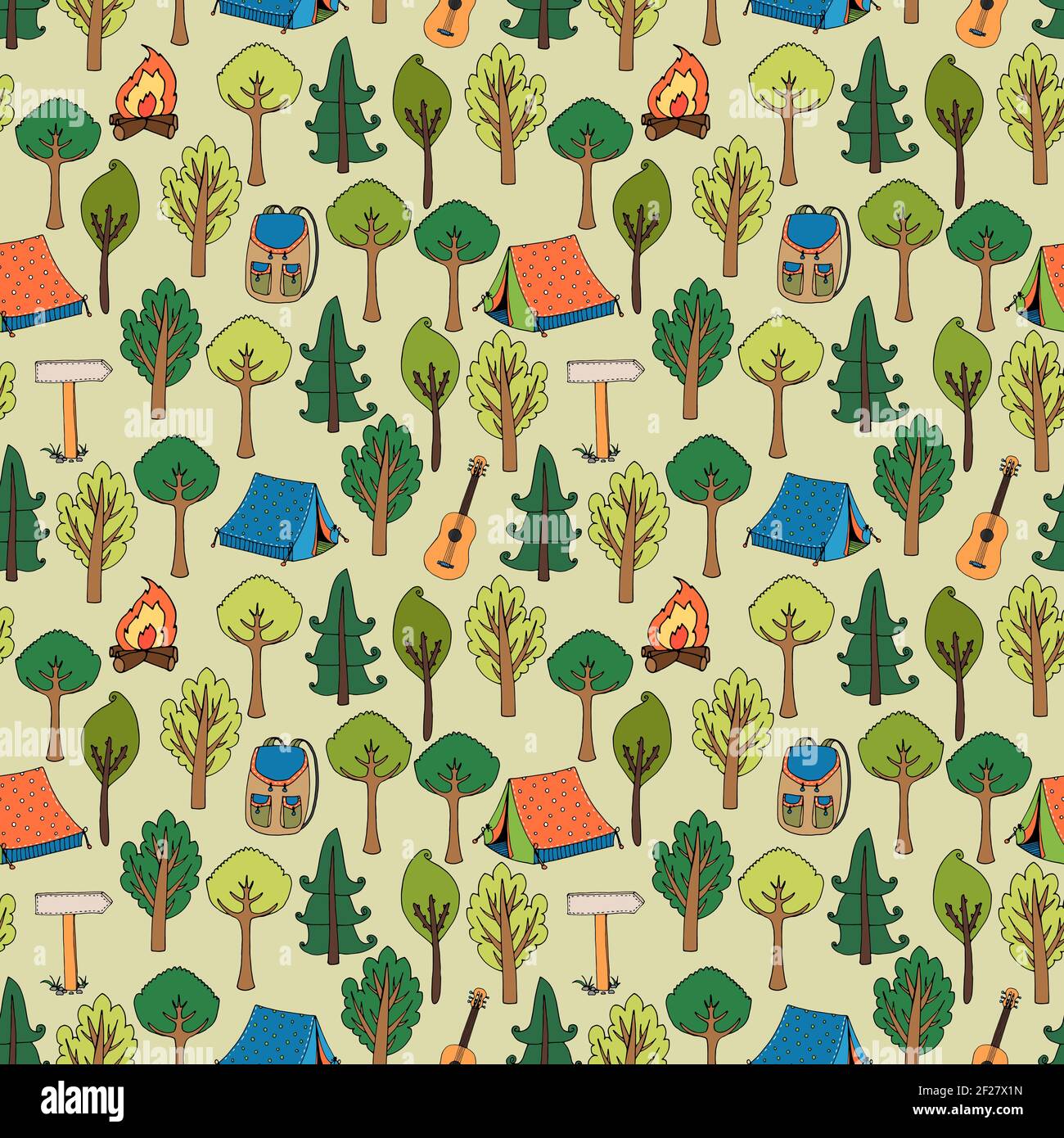 Camping and hiking background seamless pattern of tents in a forest of trees with camp fires  rucksacks  backpacks  guitars and trail markers  vector Stock Vector