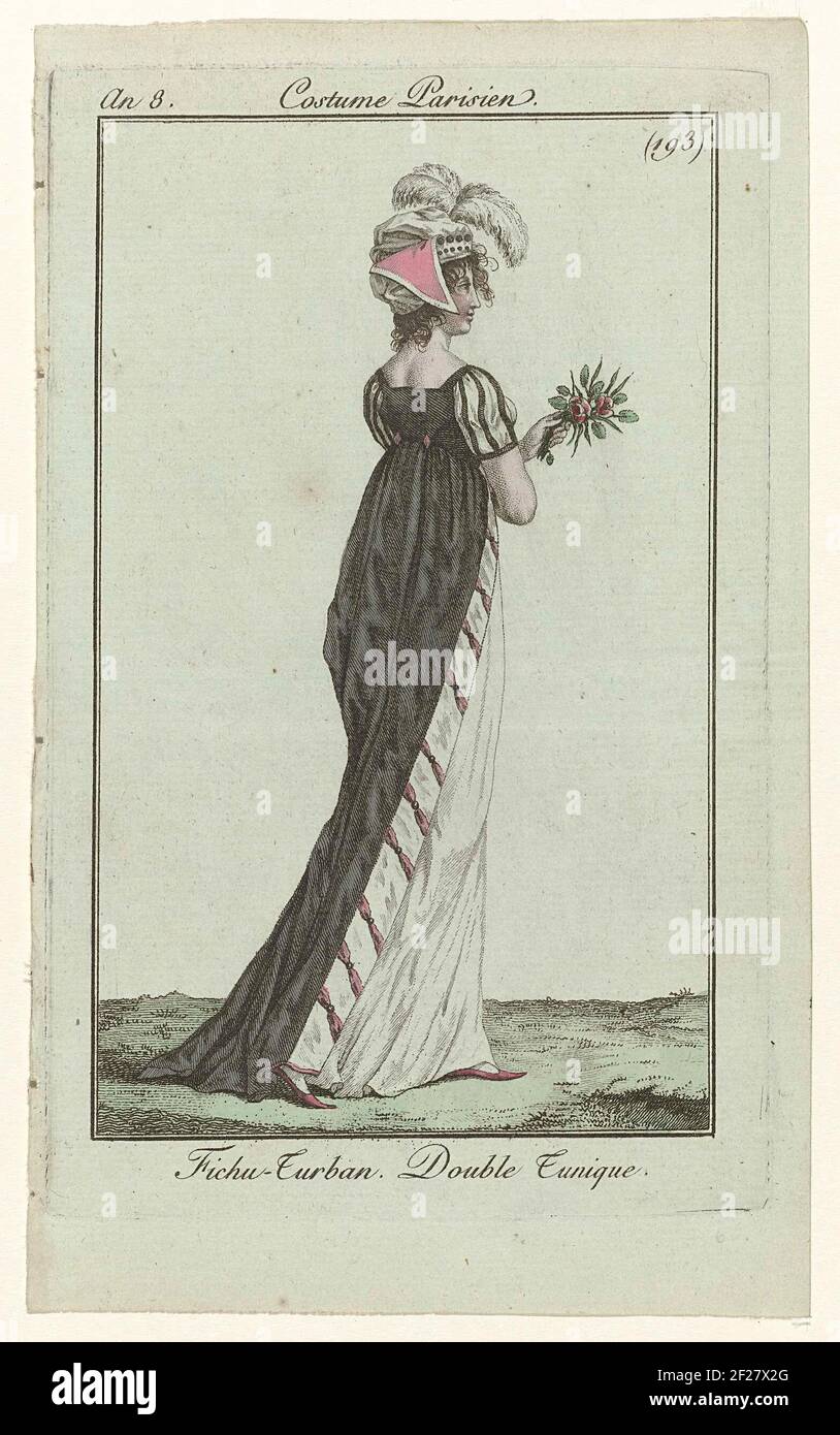 Newspaper of Ladies and Modes, Paris Costume, February 9, 1800, An 8 (193): Fichu-Turban (...). 'Fichu-Turban', Decorated with Ostriching. Lined Tunic with Trail we dress. Flat Shoes with tip nous. The Print Is Part Of The Fashion Magazine Laden Journal and Moldes, Published By Pierre de la Mesanger, Paris, 1797-1839. Stock Photo