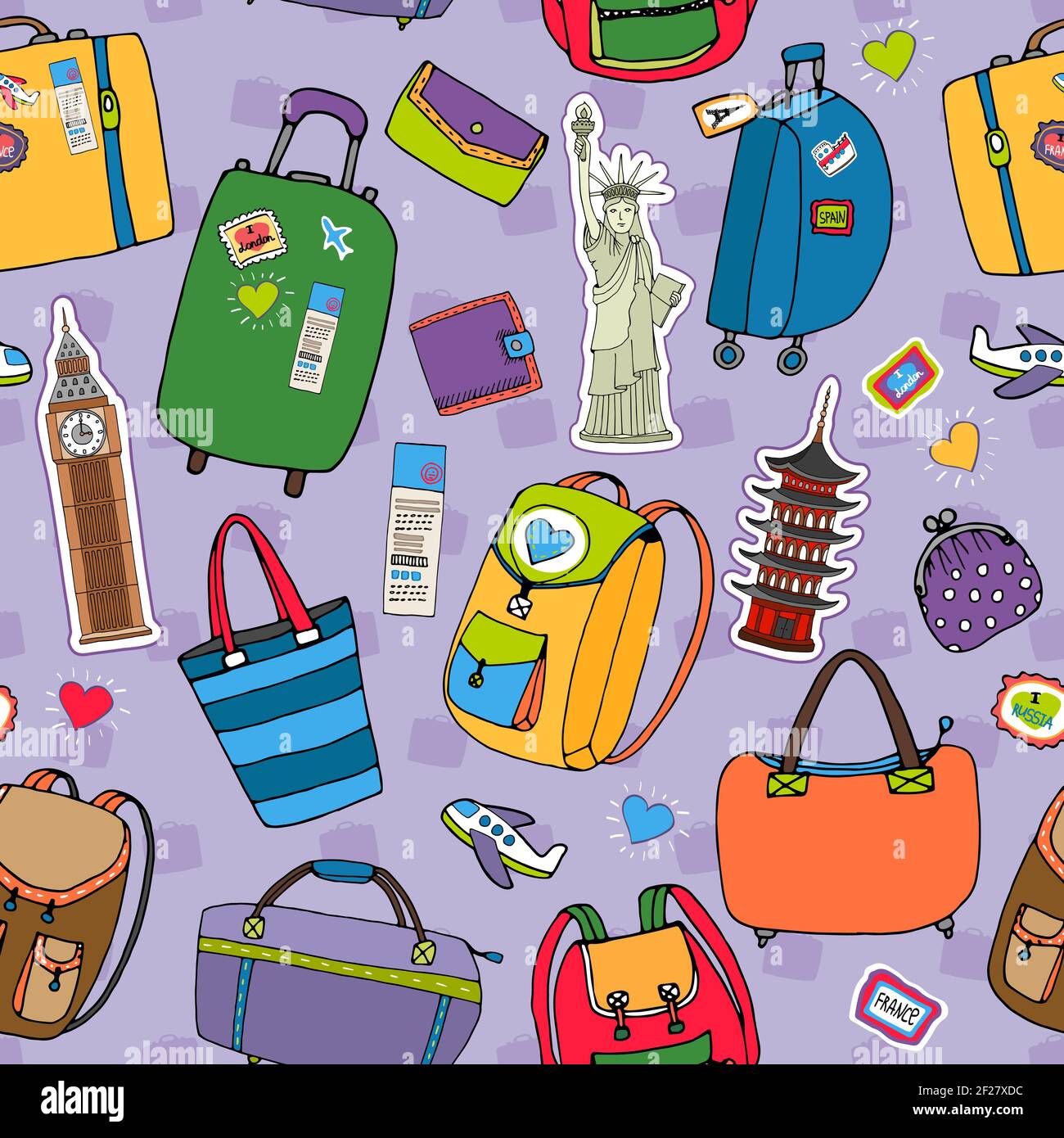 Vacation or travel background seamless pattern vector with a variety of ...