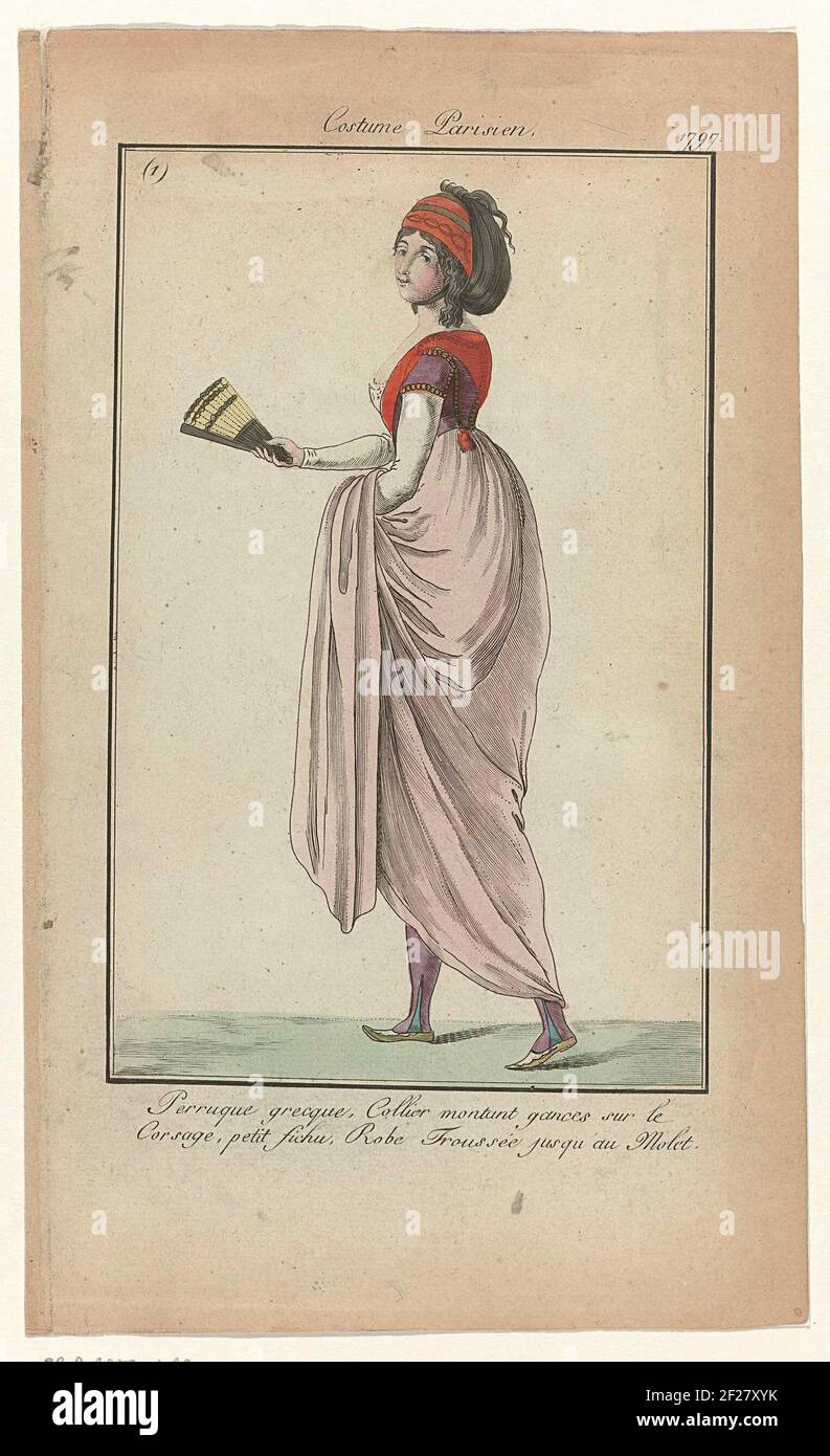 Journal des Dames, Costume Parisien, juin 1797 (1) : Perruque grecqu (...).' Perruque Grecque'. Jap in 'Empire' style with close-fitting sleeves and a  shawl. Colored stockings and flat shoes with pointed noses; Range
