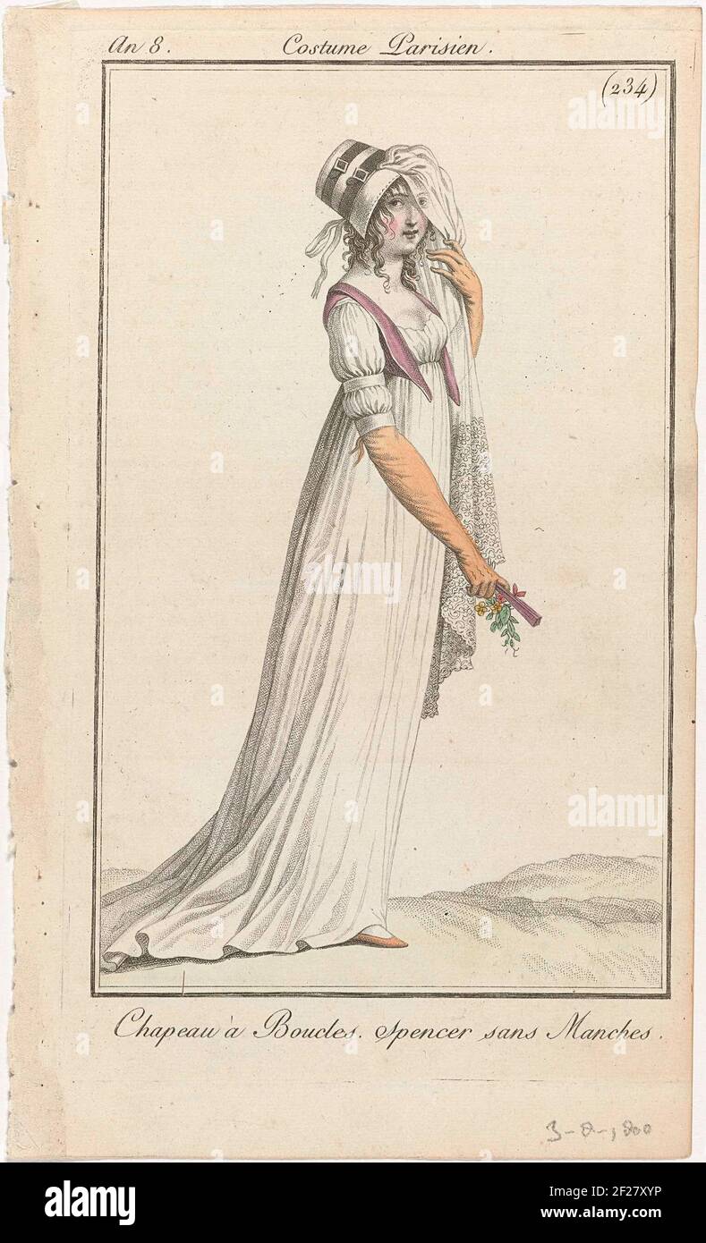 Journal des Dames et des Modes, Costume Parisien, 3 août 1800, An 8, (234)  : Chapeau à Boucles (...).Standing woman with a hat with two buckles and  veil with flower pattern. She