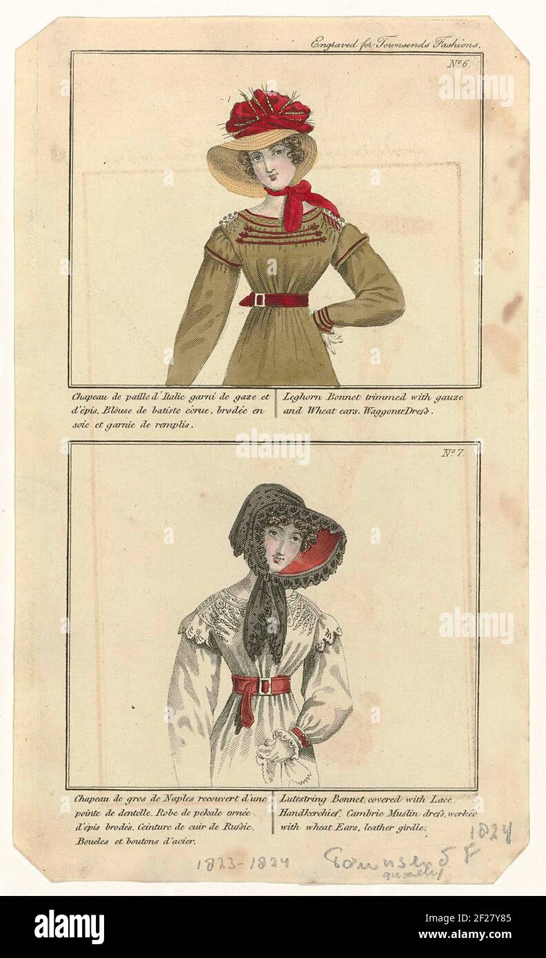 Townsend's Monthly Selection of Parisian Costumes, 1824, No. 6 en No. 7 : Chapeau  de paill (...).Two women, half, numbered, numbered 6 and 7, up each other  on one plate. Caption in