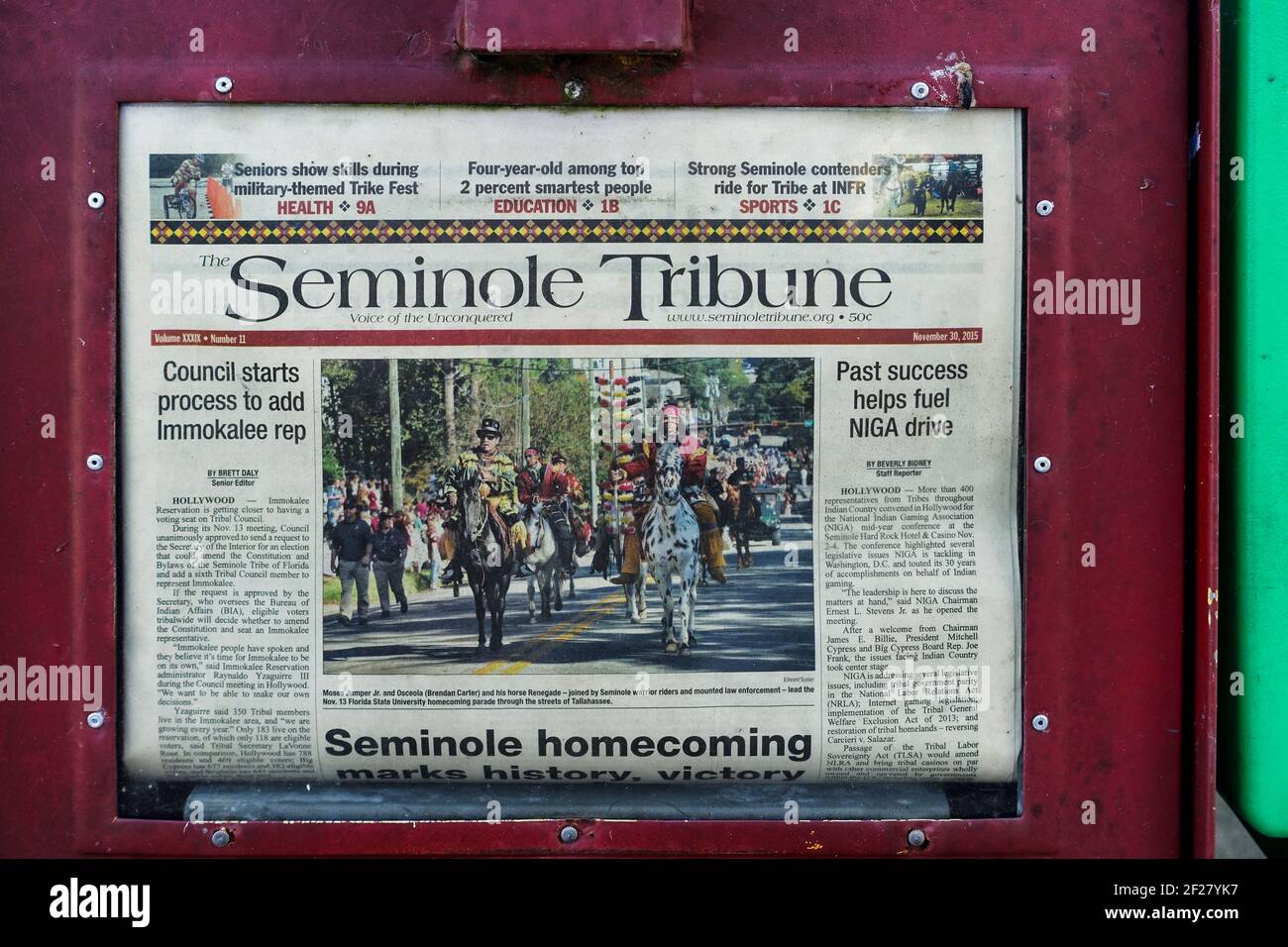 The Seminole Tribune, a native American newspaper, on sale at the Alligator Alley Seminole Service Plaza in Florida. Stock Photo