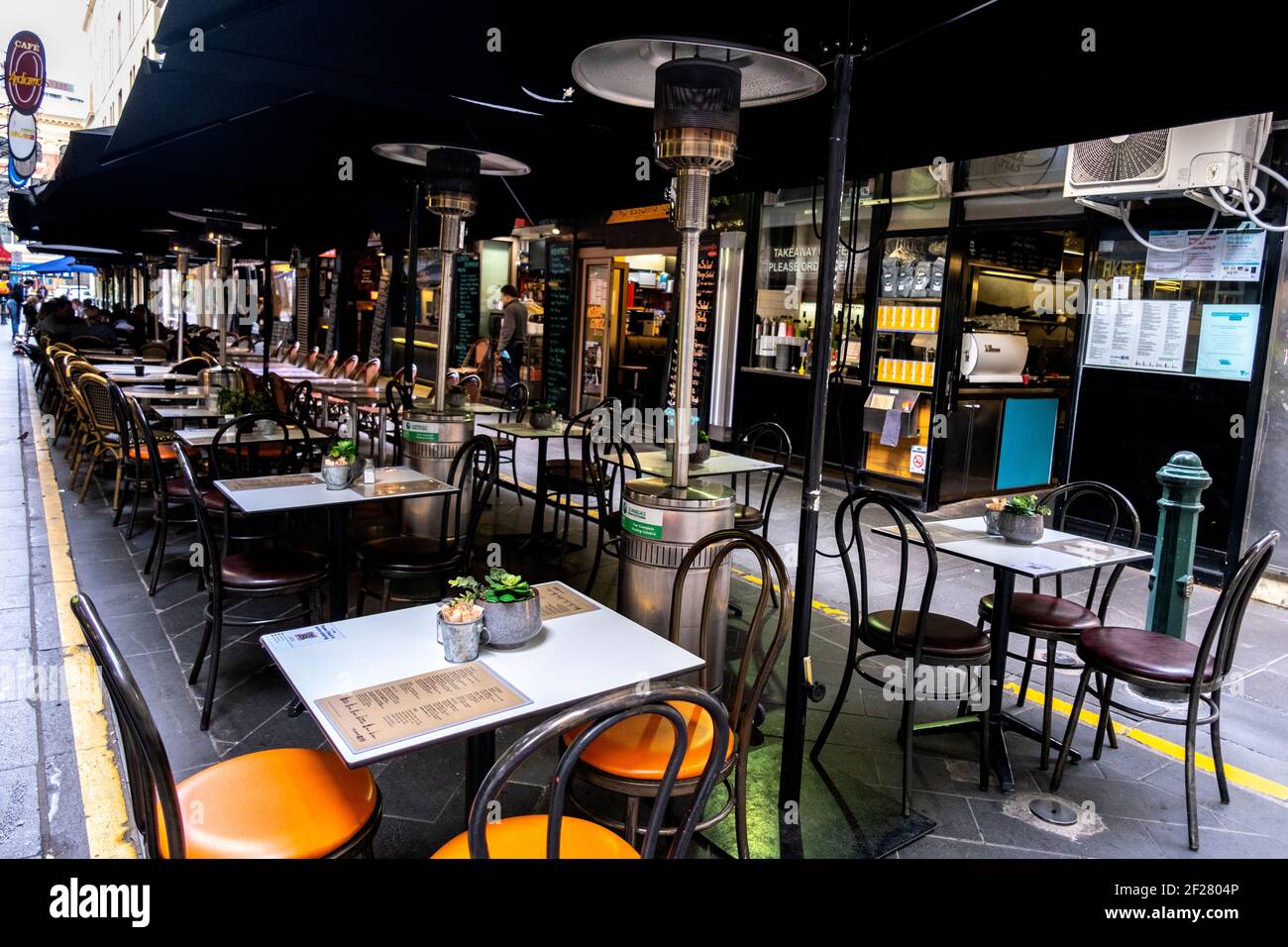 Because of the covid virus there is a lack of tourists in Degraves Lane, the coffee and tourism centre of Melbourne, Victoria, Australia Stock Photo