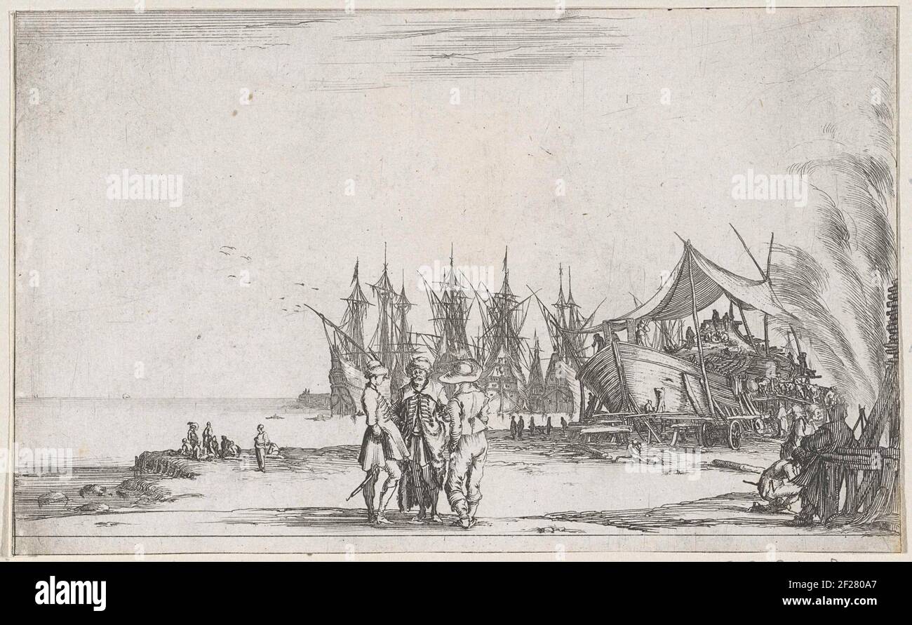 Drie mannen pratend op de kade; Maritieme voorstellingen; Suite de huit marines.Seascape with in the foreground three men who are talking to each other on the quay. In the background ships in the harbor. Right Harage workers who build a ship. Stock Photo