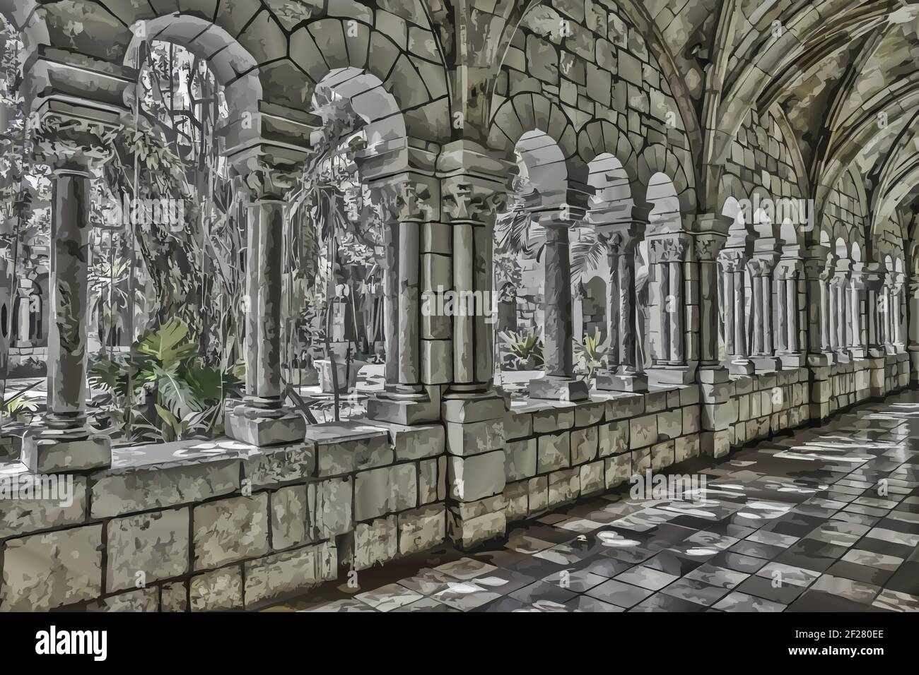 Vector illustration of the Cloisters of the Ancient Spanish Monastery in North Miami, Florida. Stock Vector