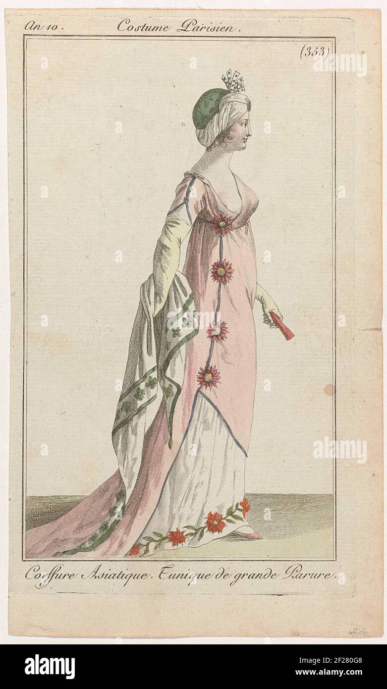 Ladies and Modes, Parisian Costume, December 31, 1801, AN 10, (353): Asiatic coex (...). Woman with 'Asian coex'. She Carees a 'Great Tunic' ON A Skirt Deposited with Garland. Accessories: Turban, Long Gloves, Help, Shawl with Floral Pattern, Flat Shoe with tip nose. The Print Is Part Of The Fashion Magazine Laden Journal and Moldes, Published By Pierre de la Mesanger, Paris, 1797-1839. Stock Photo