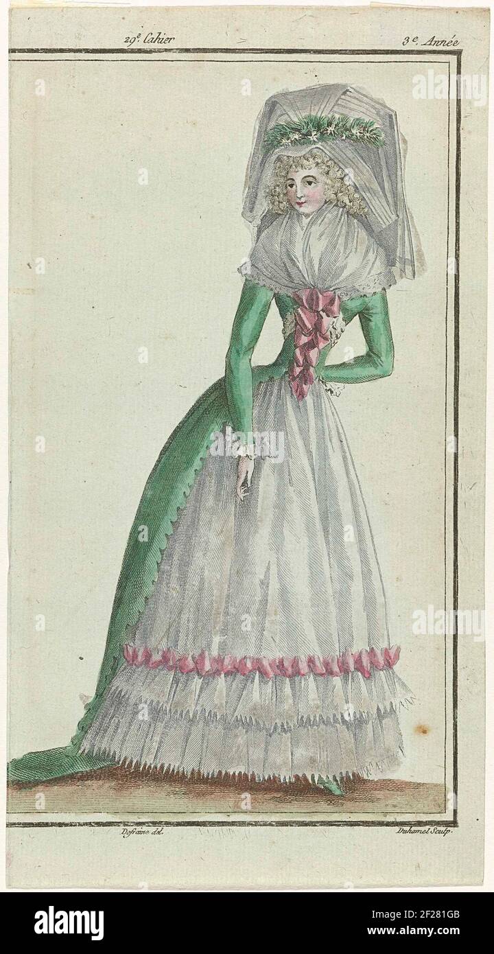 News French and English News Store, August 30, 1788, 3rd year, 29th notebook, pl. 3.Woman in Rescueote of Apple-Green Taffeta, decorated with pink ribbons. Skirt from 'Gaze Linon', Deposited with Pleated Strips of Fabric. Damn. Large hat with Veil. The Print is part of a Larger Print With Pl. 1, 2 and 3 of the 29th Notebook, 3rd year, from the new French and English new modes store series. The Series consists of 172 Fashion Prints, published by Buisson, Paris, November 20, 1786 - 21 December 1789. Stock Photo
