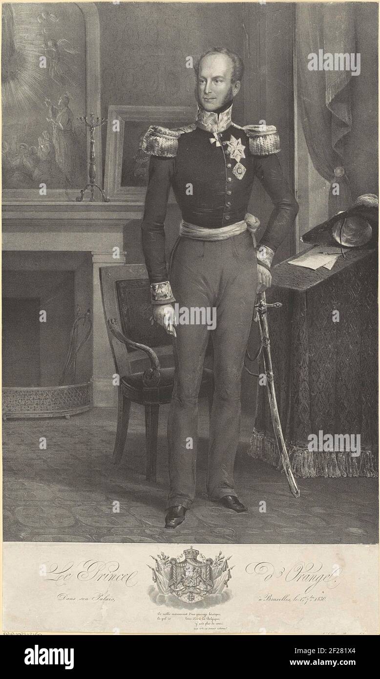 Portret van Willem II, koning der Nederlanden.Portrait of Willem II in the Palace in Brussels. Gloves are gloves in his right hand. In the middle of his weapon with a crown and two lions. Amgty sputter are under a banderole. Title and five lines of French text in the undermarge. Stock Photo