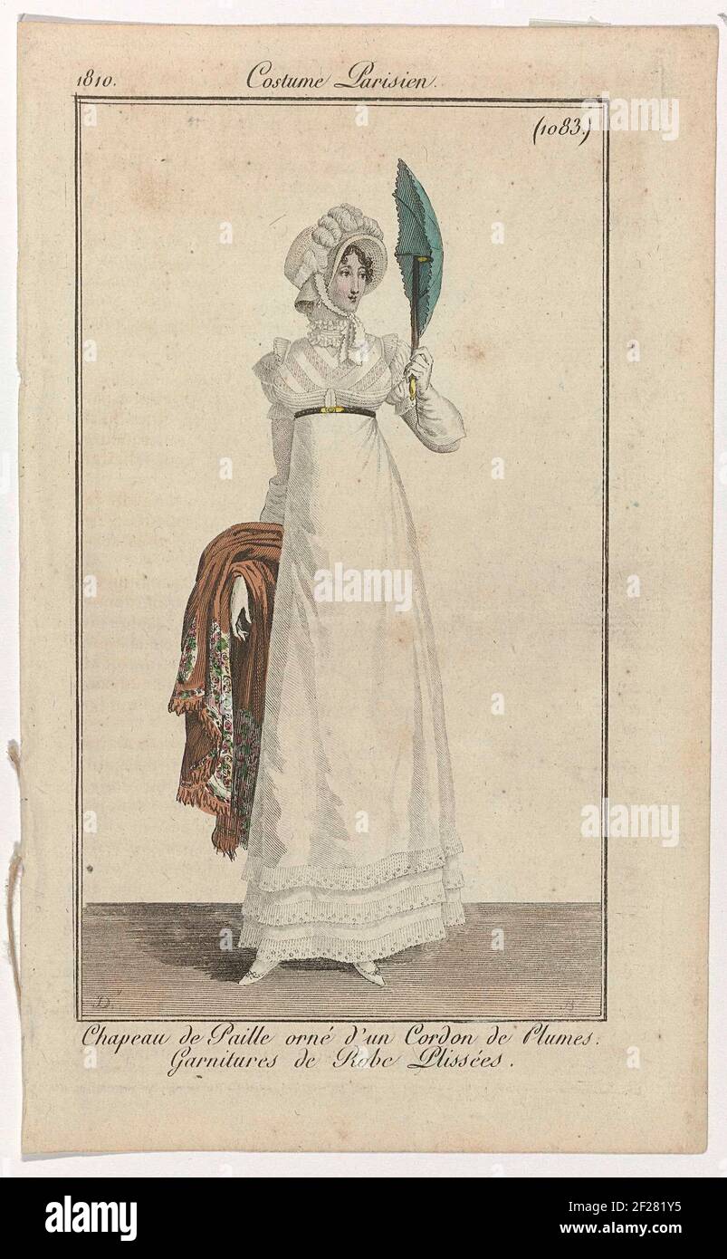 Journal des Dames et des Modes, Costume Parisien, 25 août 1810, (1083):  Chapeau de paill (...).Standing woman with a straw hat on the head,  decorated with a row of feathers. She is