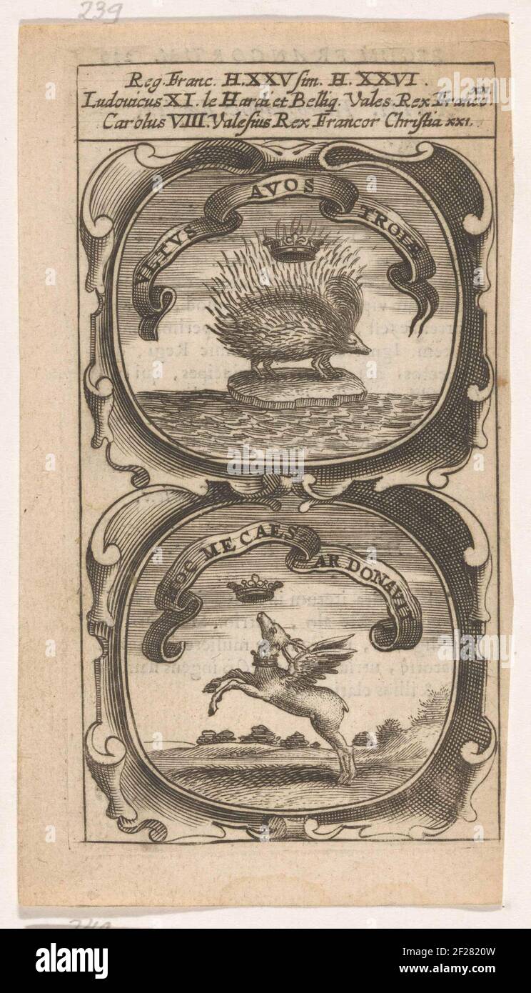 Gekroond stekelvarken / Gevleugeld hert met halsband; Ultus Avos Troiae / Hoc Me Caesar Donavit; Symbola Divina et Humana Pontificum Imperatorum Regum.An emblem with two performances. Above a crowned porcupine on a shot in the water. Under a winged deer with a collar, jumping to a crown. The inventions of Louis XI and Charles VIII of France. Stock Photo