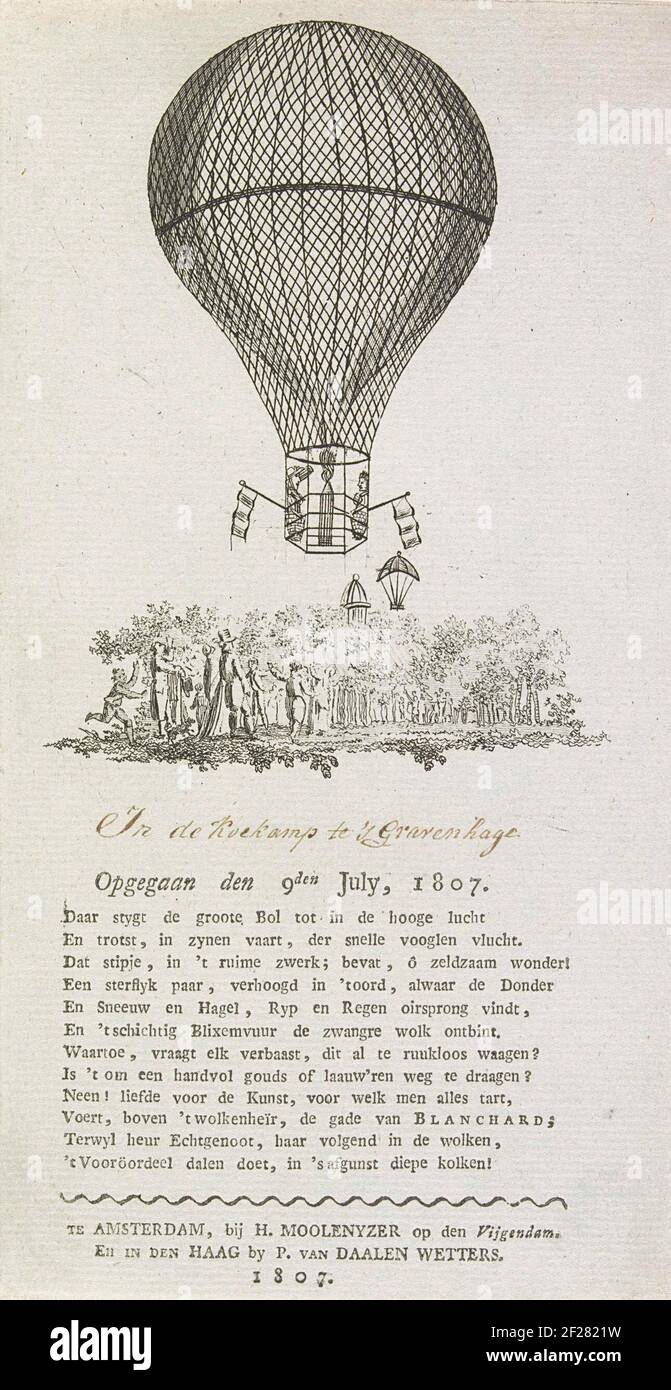 Ballonvaart van Blanchard, 1807; Opgegaan den 9den July, 1807.Taking off the hot air balloon with Jean Pierre Blanchard and his wife Marie Madeleine Sophie Armant from the Koekamp in The Hague, July 9, 1807. Under the image a twelve-line fresh. Stock Photo