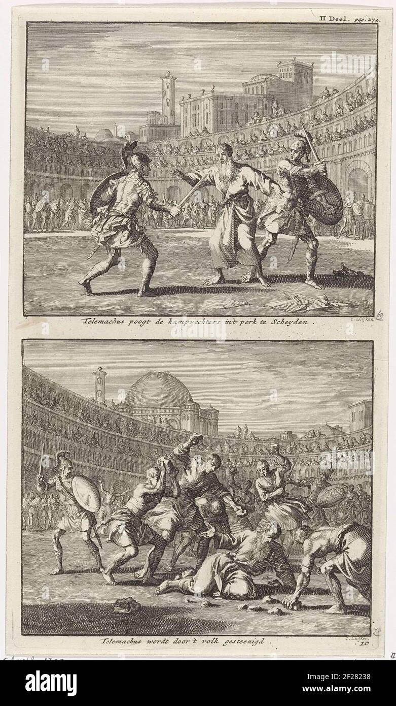 Two performances on a plate. Above: the H. Telemachus of Rome, a Christian recluse, tries to interrupt a gladiator fight by stopping the two fighting gladiators. Below: the H. Telemachus van Rome is stoned by the public of the Colosseum. Stock Photo