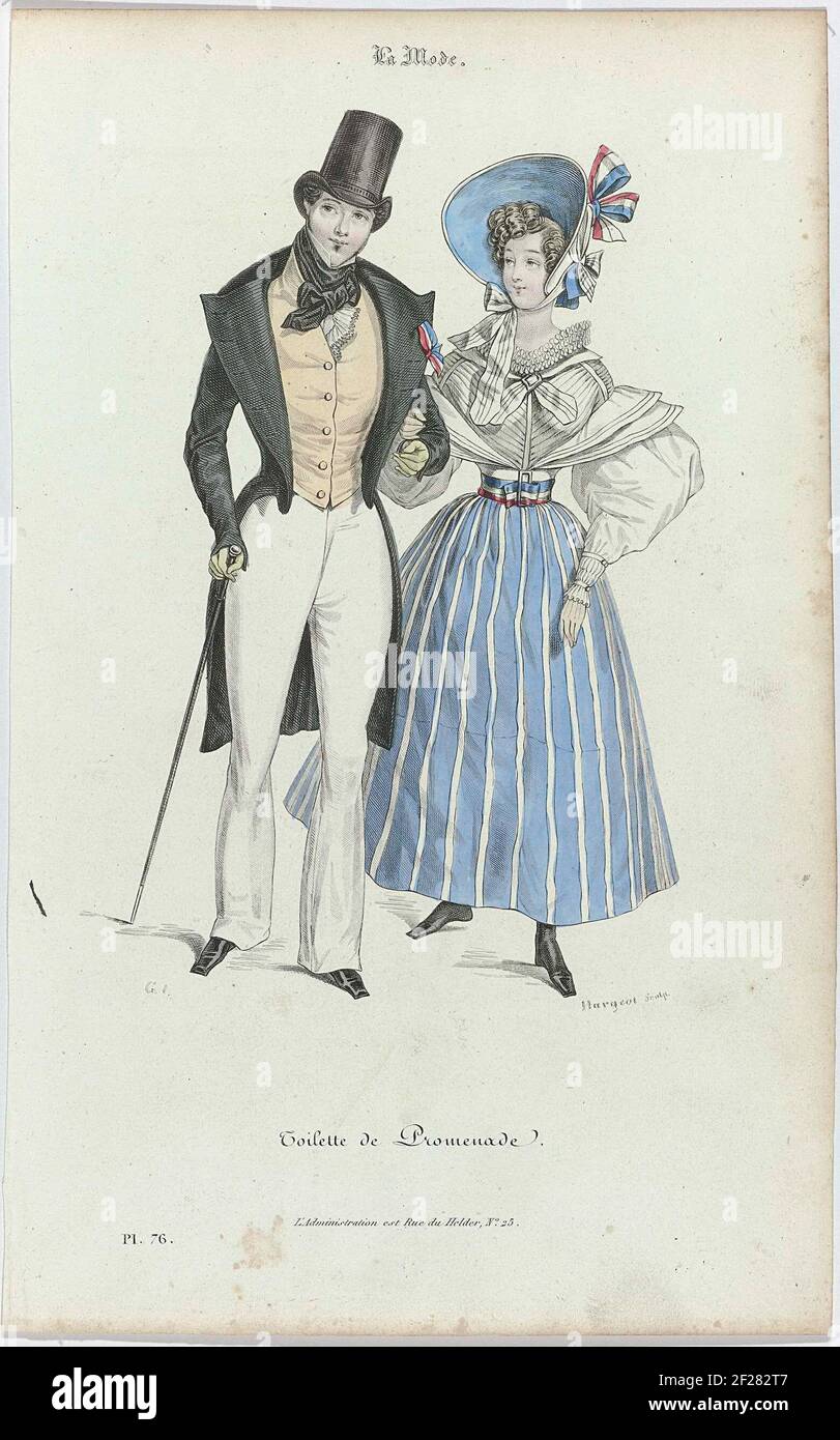 La Mode, 1830, Pl. 76 : Toilette de Promenade.'Toilette the promenade'. Man and woman, armed, both in hiking suit. Man: jacket, cardigan and spanbroek with wide flared pipes. Knotted neckerchief. Wrinkled Jabot. Accessories: Top hat with a narrow raised edge, gloves, walking stick, shoes with square noses. Woman: blouse with flat sleeve bet and sheep bolt sleeves. Striped skirt. Canopy hat with striped ribbon in red, white and blue. Further accessories: striped belt in red, white and blue, gloves, boots with square noses. Print from the La Mode mode magazine (1829-1855). Stock Photo