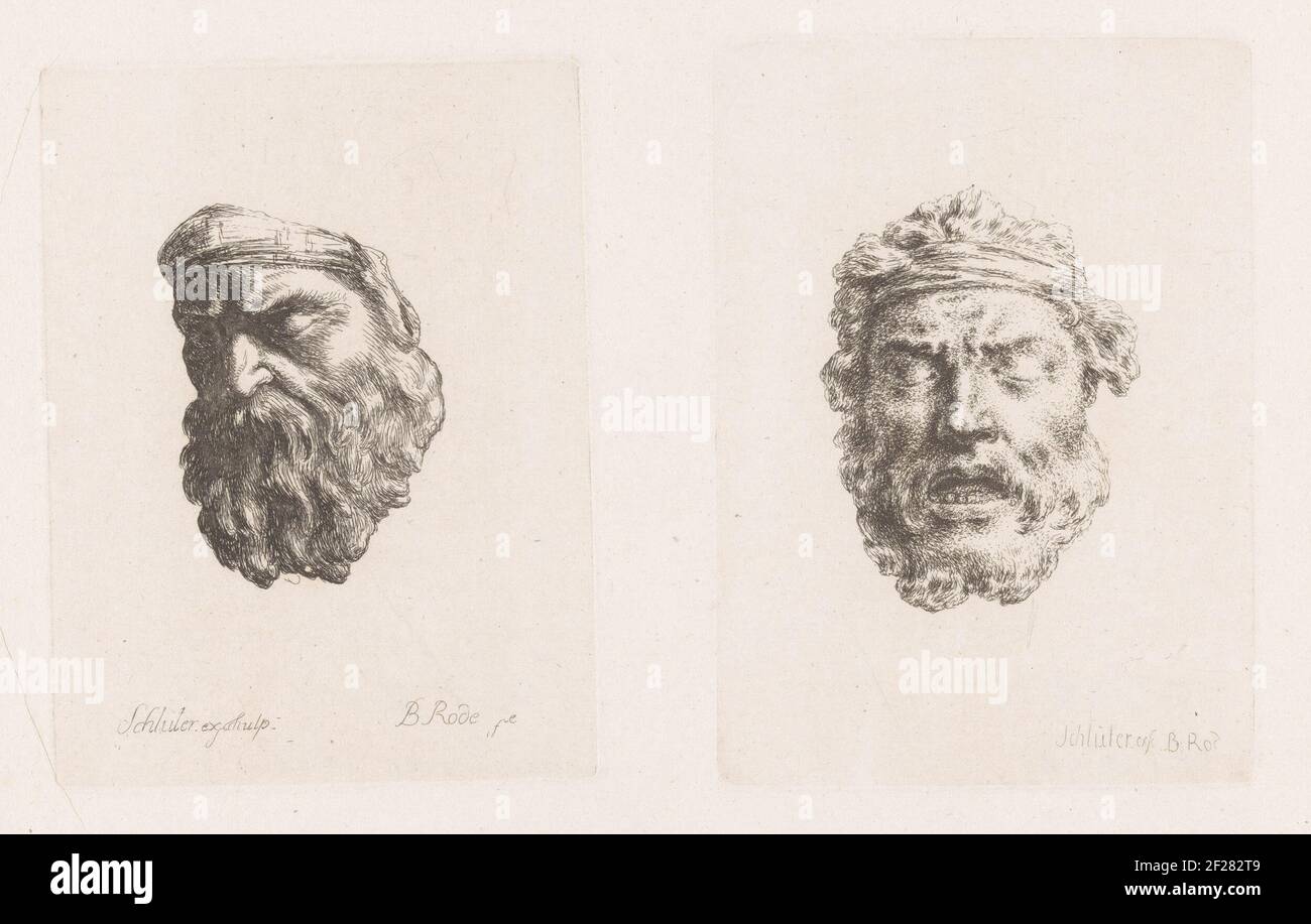 Twee gestorven krijgers met haarband; Mascarons en helmen.Two mascaroons on a leaf. On the left a man with beard and hair band, turned to the left. On the right a man with short beard, open mouth and hair band, seen from the front. Stock Photo