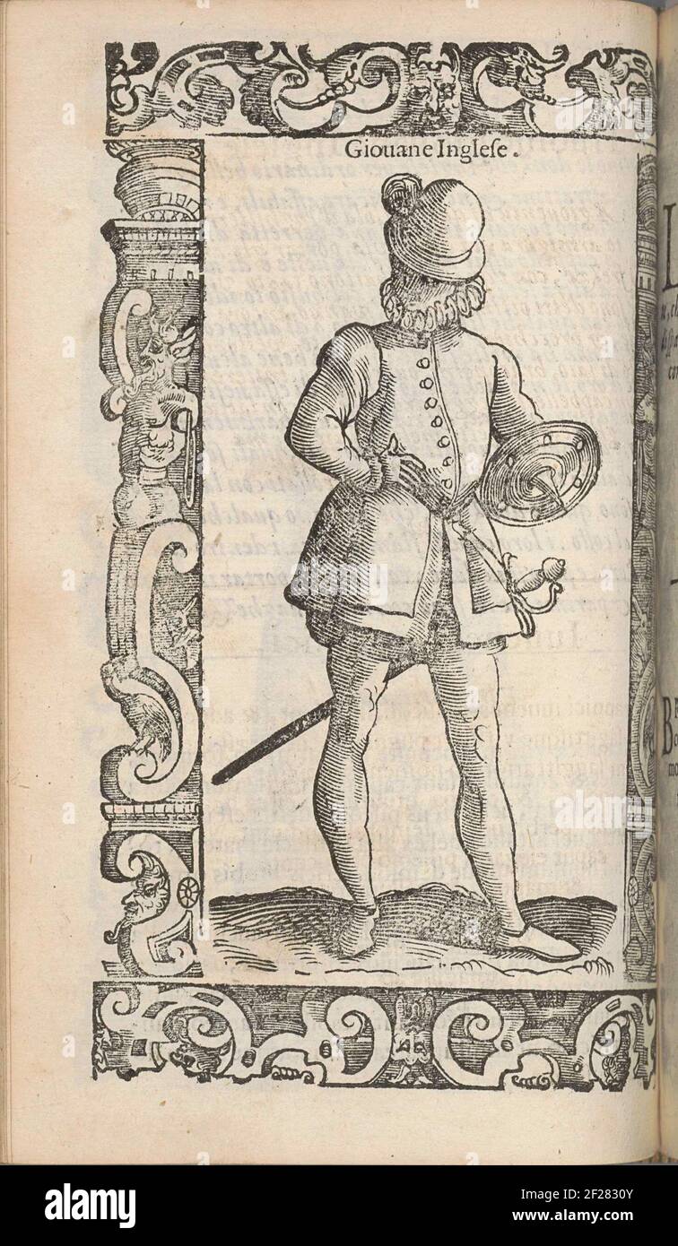 Young English; Jongen Uit Engeland; Antique habits, modern and worldwide .... Boy from England, in Short Puff Pants and Long Stockings. Hat with feather. Sword Alongside and Shield in Hand. Stock Photo